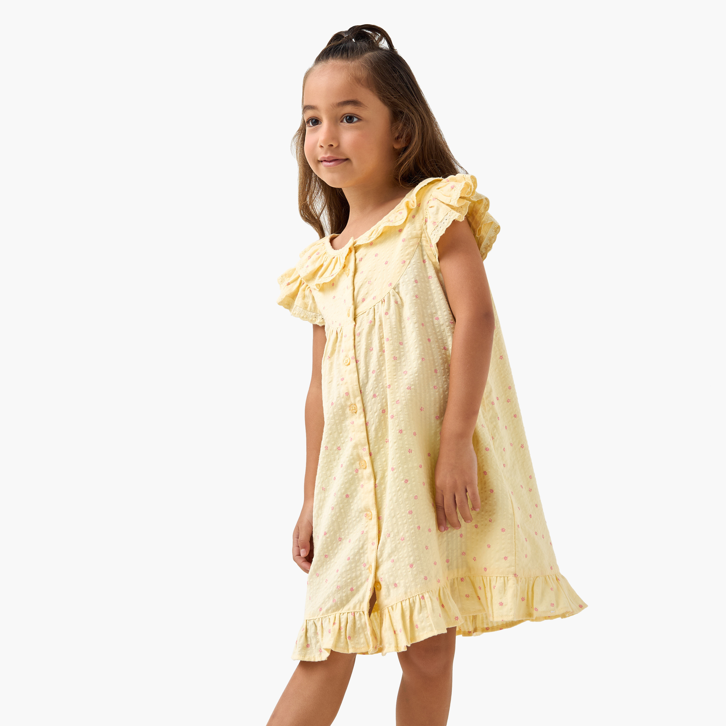 Juniors Floral Print Night Dress with Ruffle Sleeves-girls-clothing-nightwear-image-1