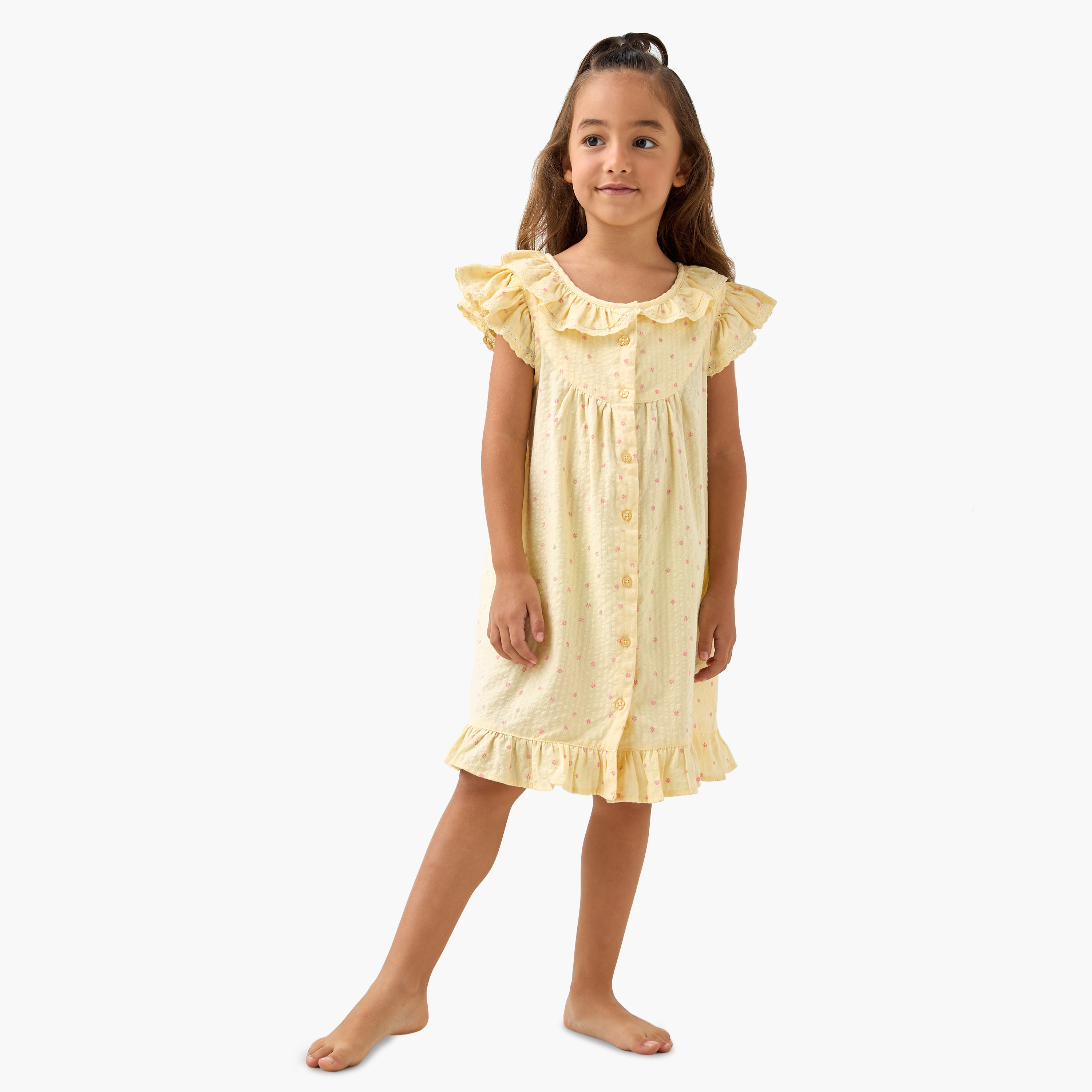 Juniors Floral Print Night Dress with Ruffle Sleeves-girls-clothing-nightwear-image-2