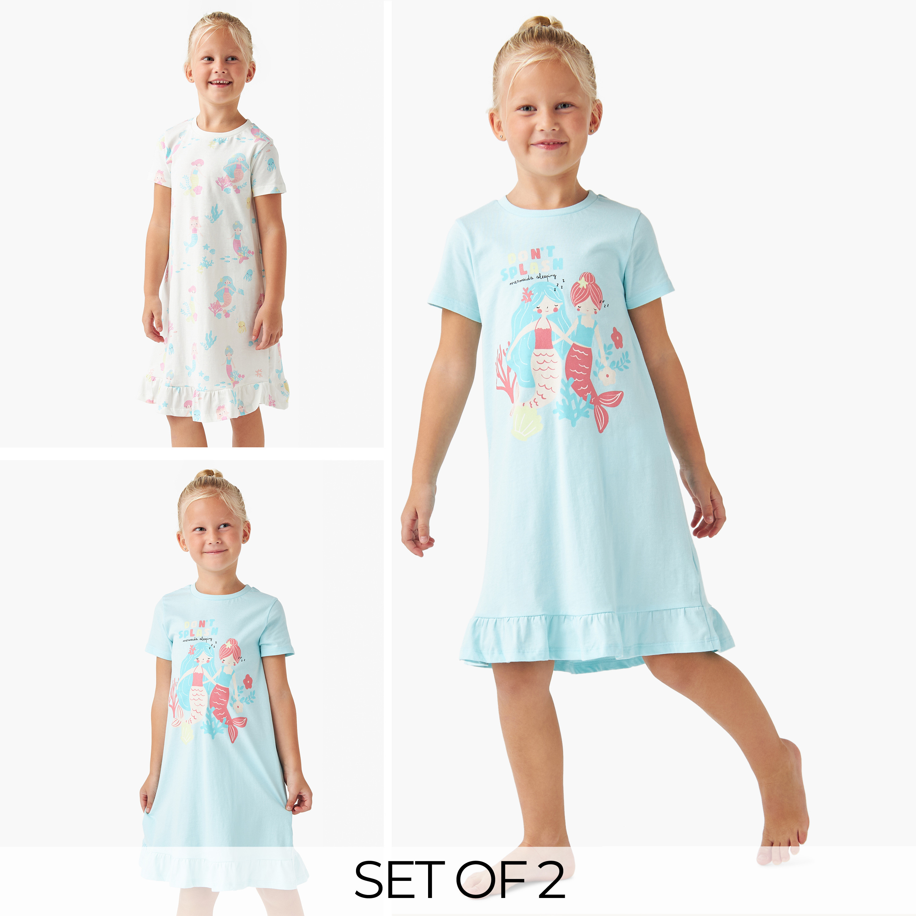 Juniors Mermaid Print Night Dress with Short Sleeves - Set of 2-girls-clothing-nightwear-image-1