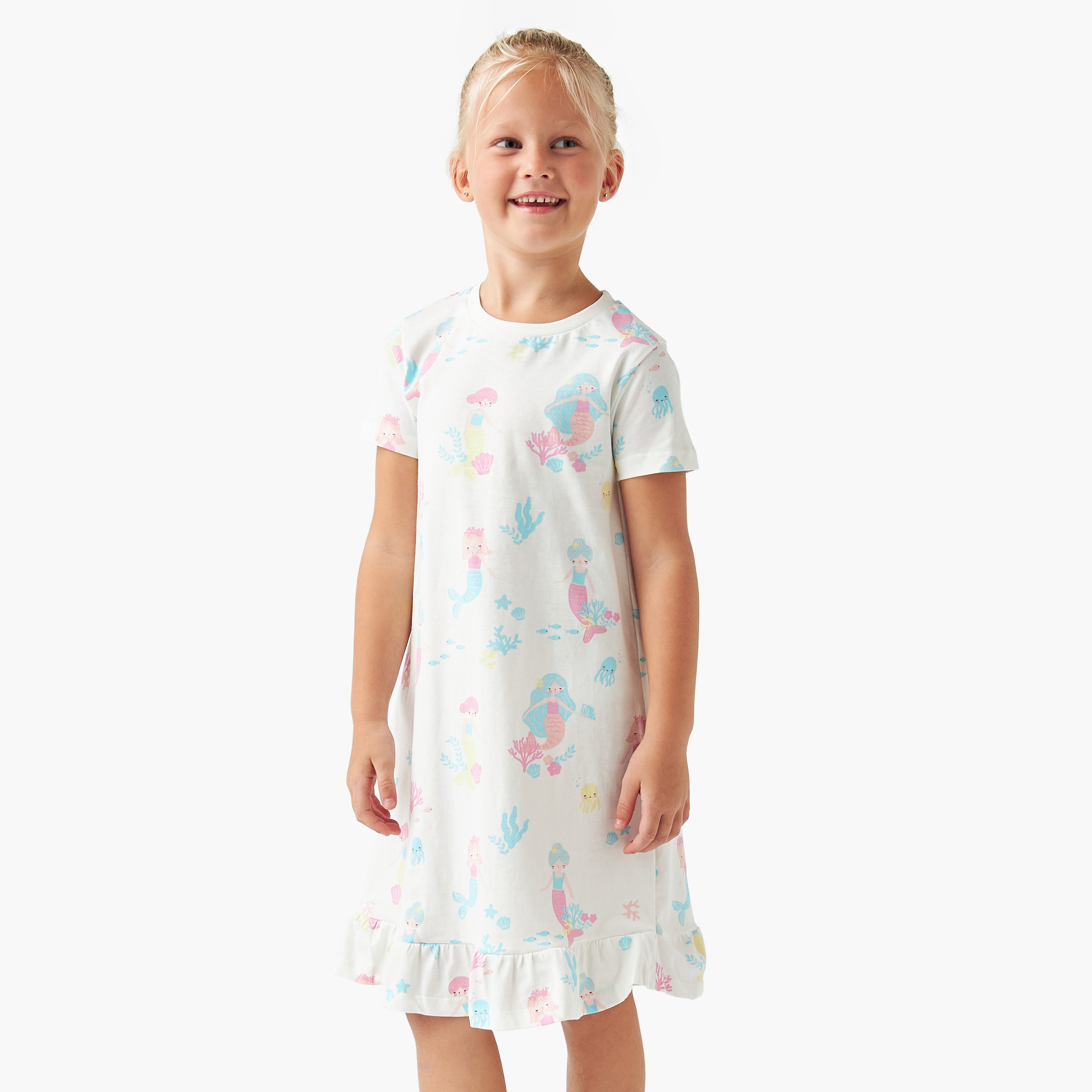 Juniors Mermaid Print Night Dress with Short Sleeves - Set of 2-girls-clothing-nightwear-image-2