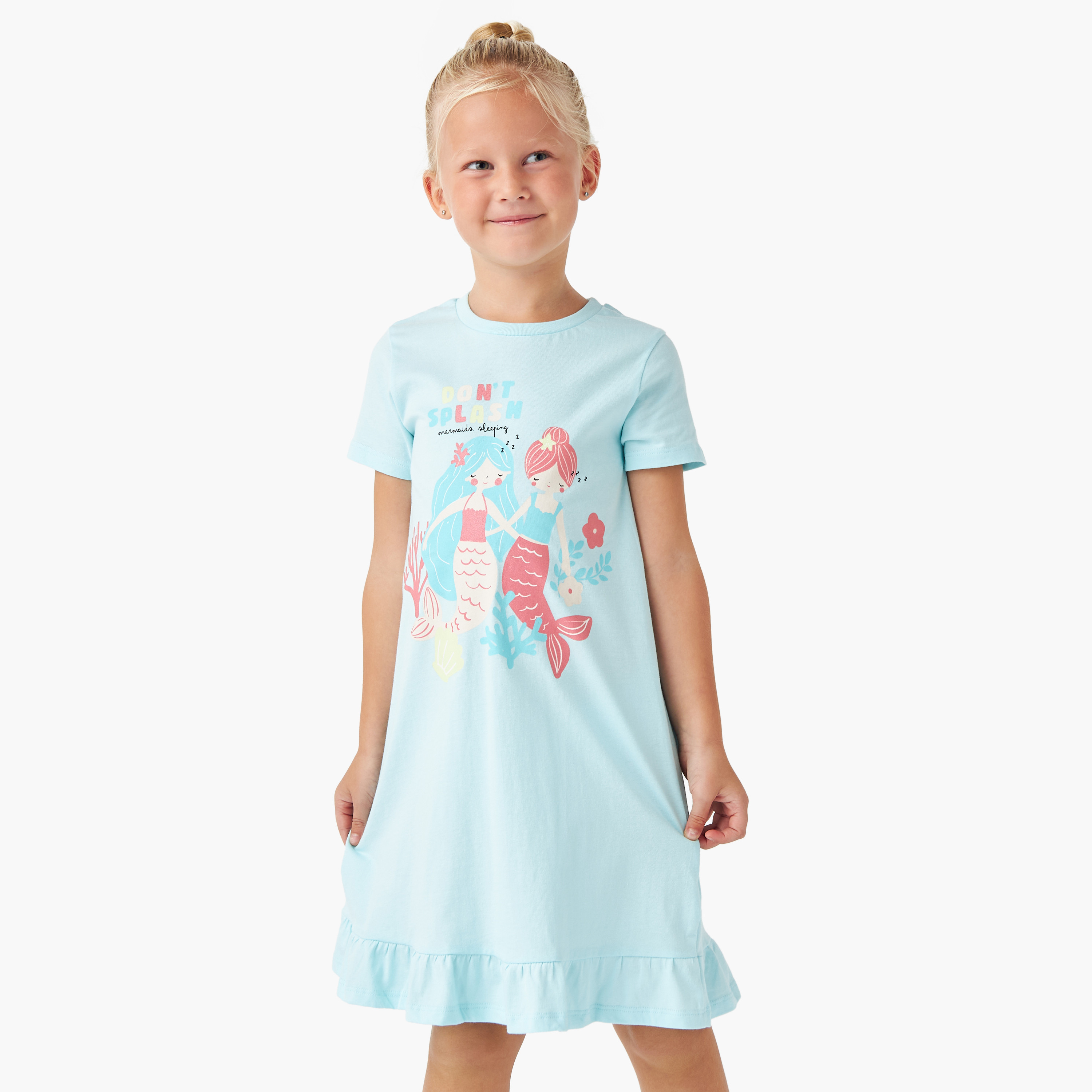 Juniors Mermaid Print Night Dress with Short Sleeves - Set of 2-girls-clothing-nightwear-image-3