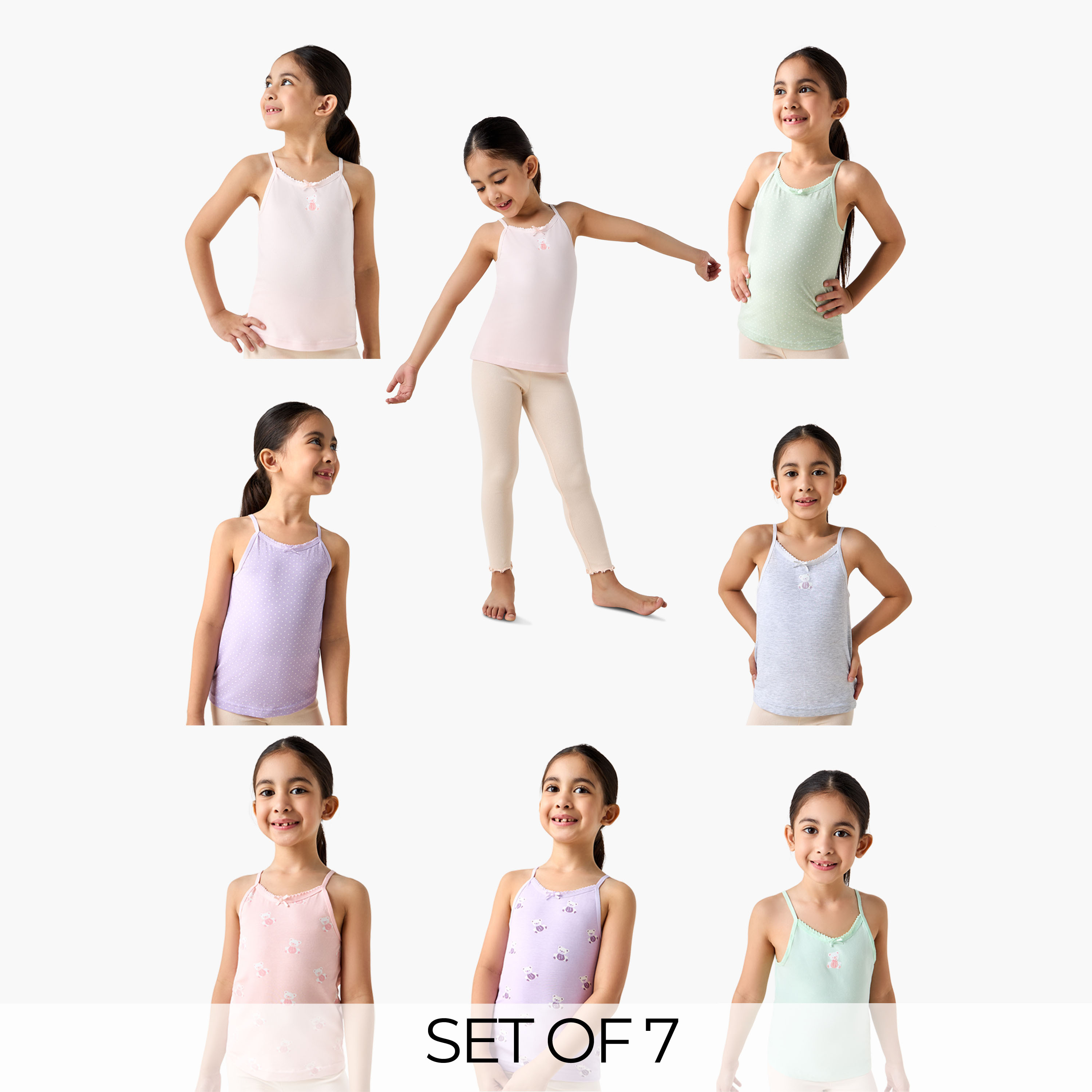 Juniors Printed Camisole with Bow Detail - Set of 7-girls-clothing-innerwear-vests-image-1