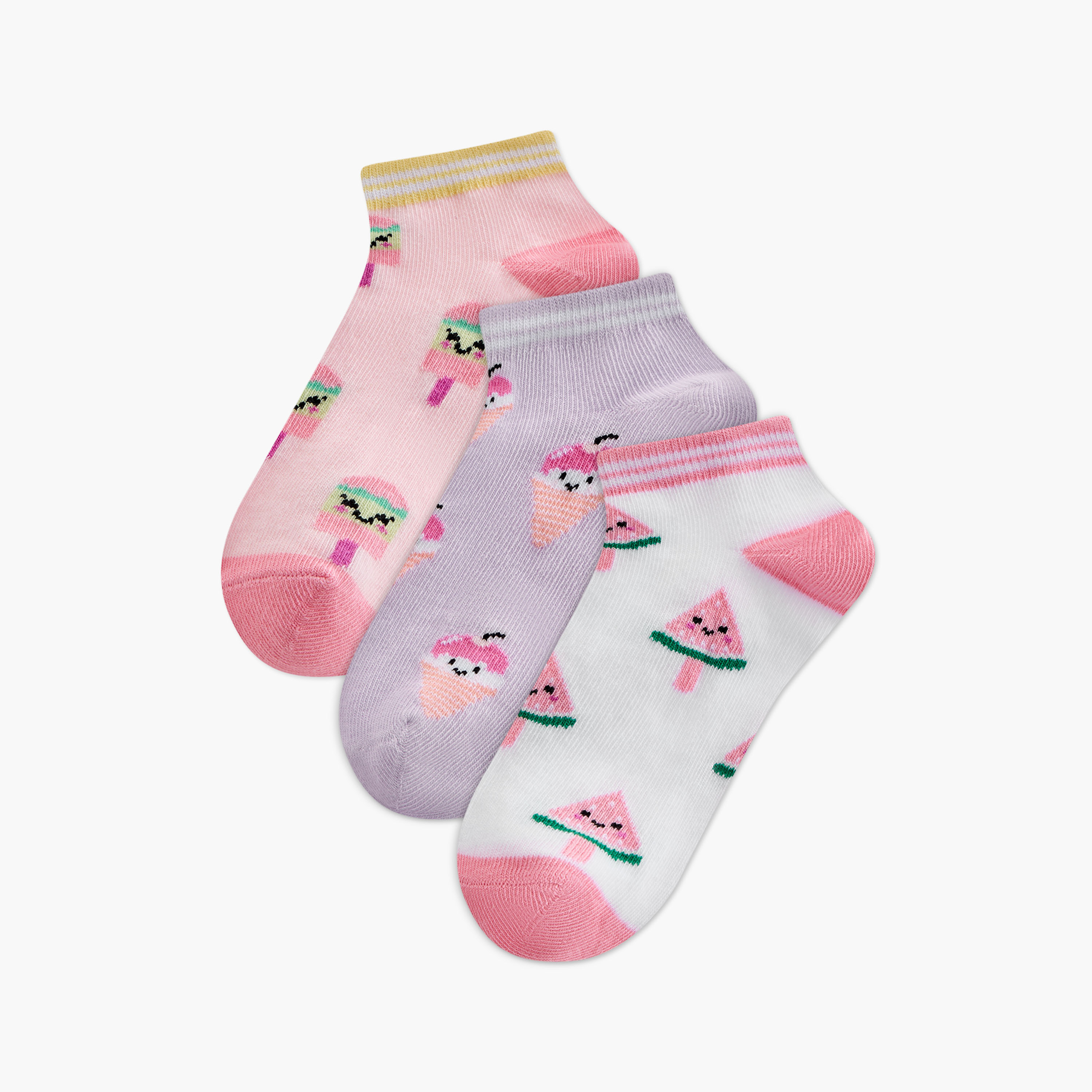 Juniors Ice-Cream Print Ankle Length Socks - Set of 3-baby-girls-accessories-socks-image-1