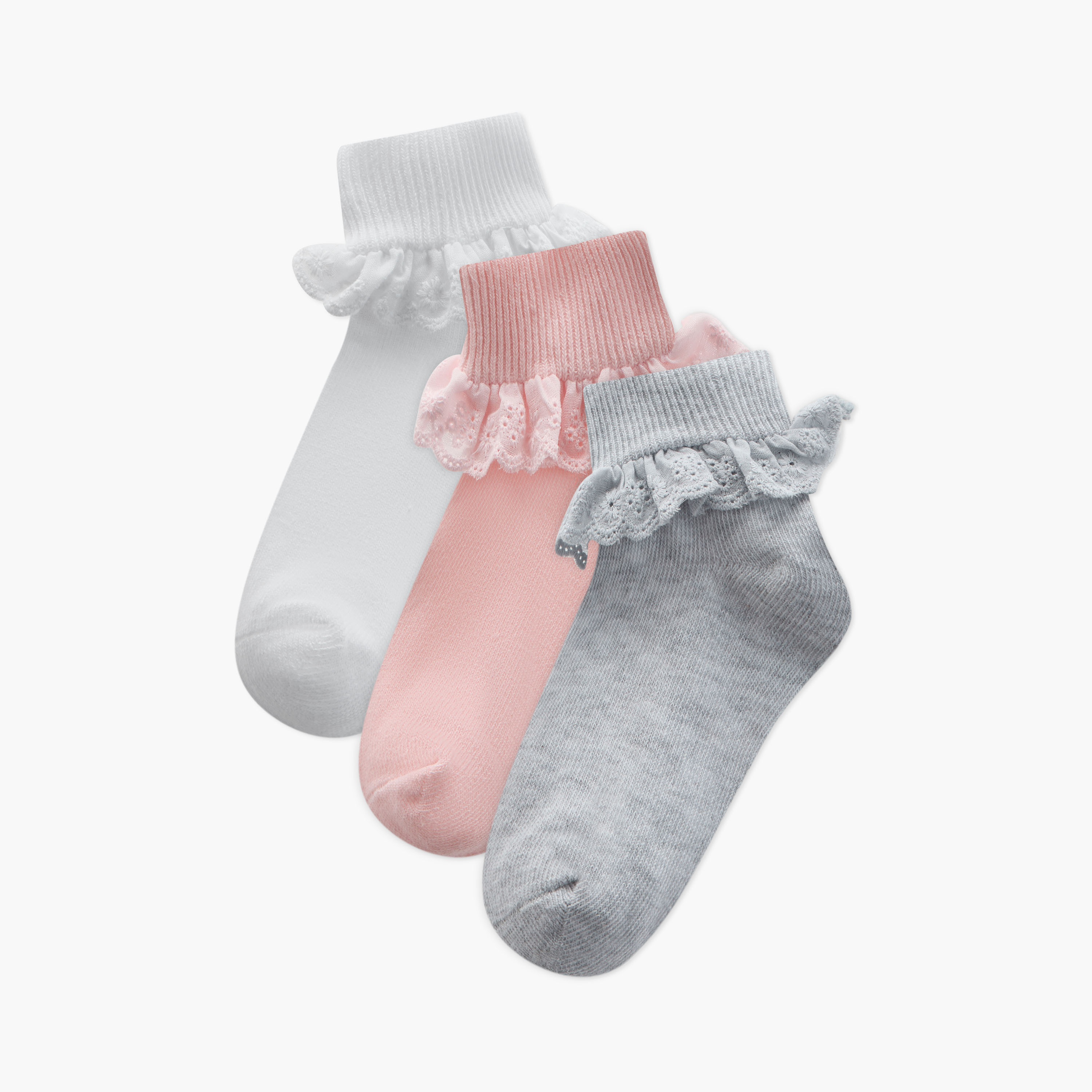 Juniors Lace Trim Ankle Length Socks - Set of 3-girls-accessories-socks-image-1