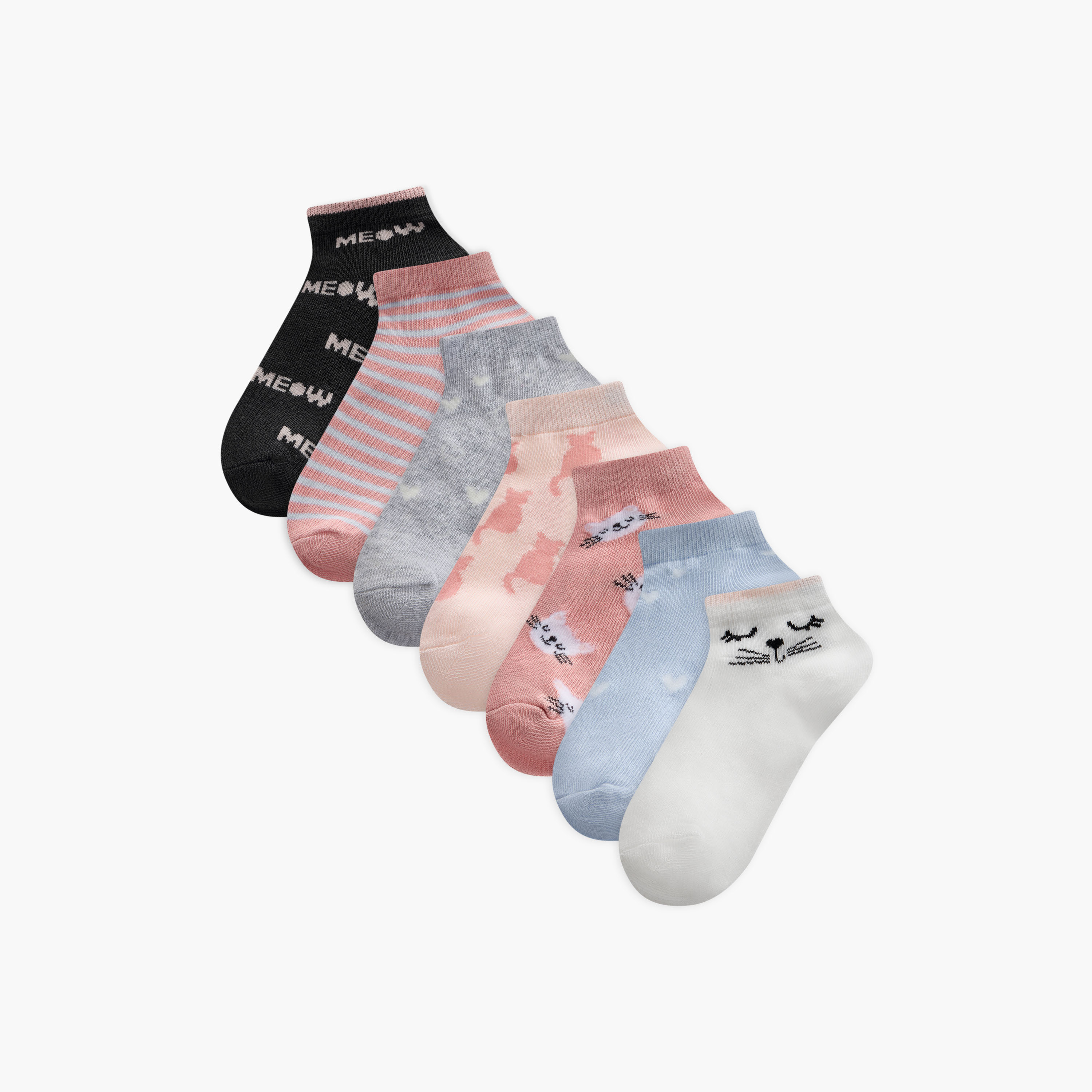 Juniors Cat Print Ankle Length Socks - Set of 7-baby-girls-accessories-socks-image-1