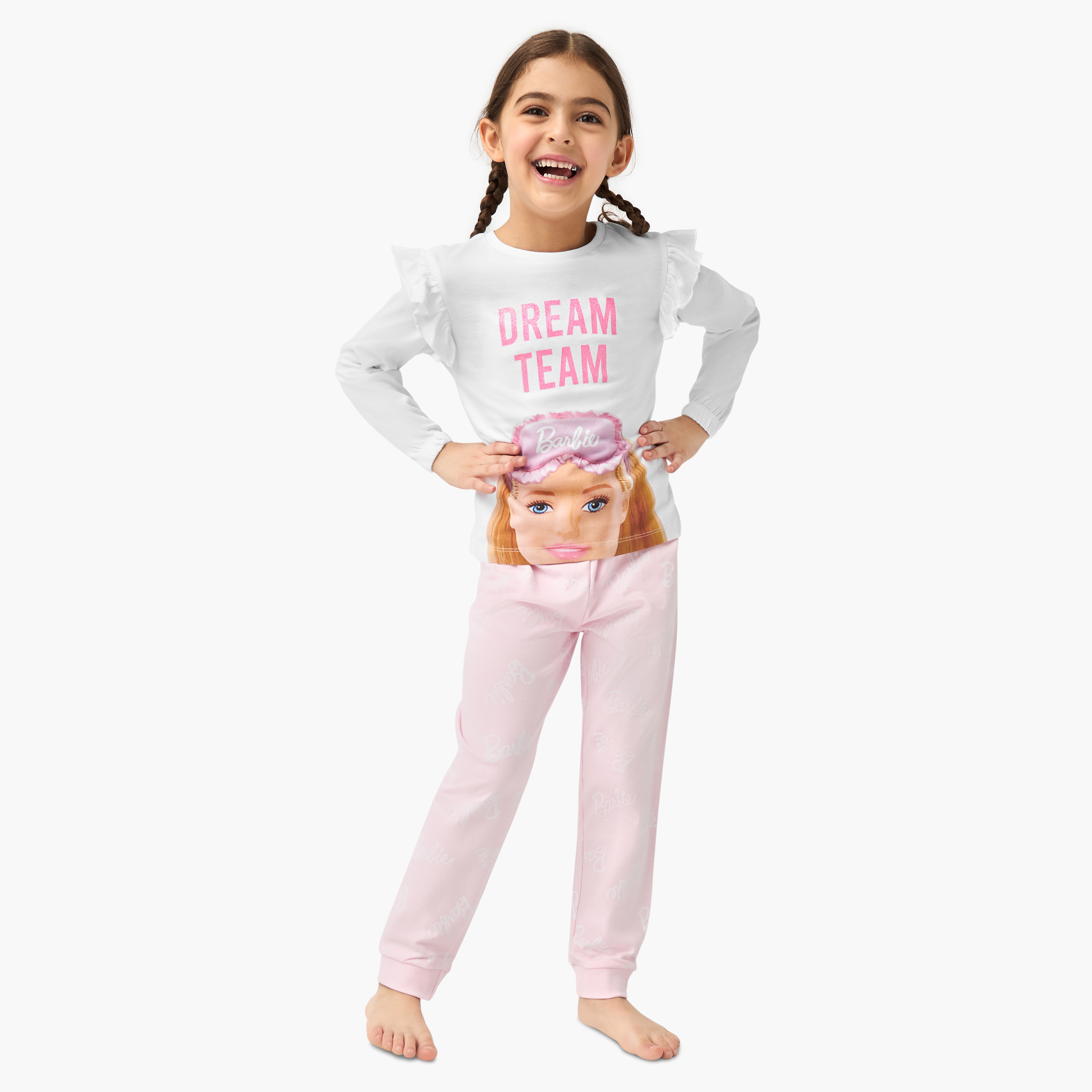 Graphic Print Long Sleeves T-shirt and Solid Pyjama Set-baby-girls-clothing-nightwear-pyjamasets-image-1