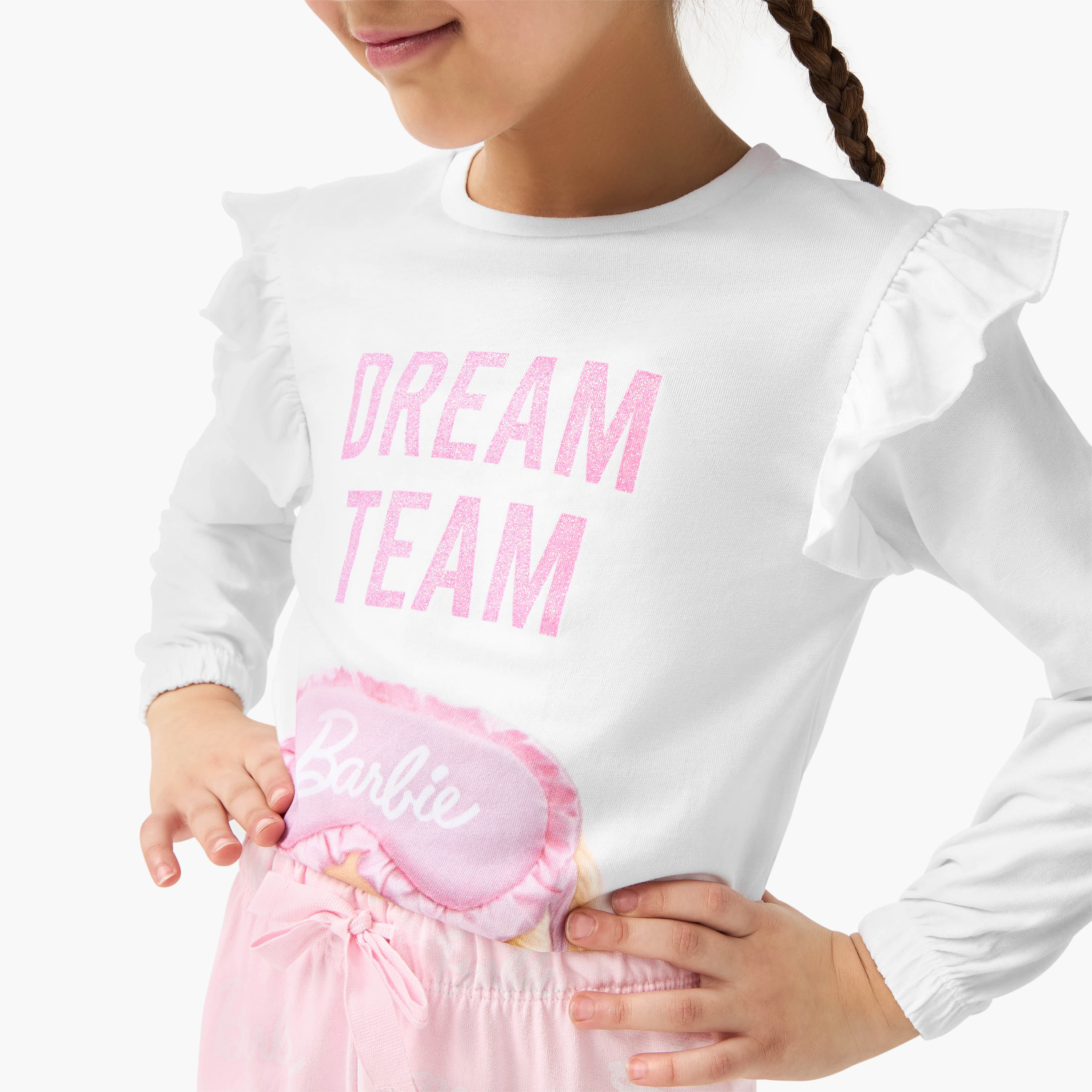 Graphic Print Long Sleeves T-shirt and Solid Pyjama Set-baby-girls-clothing-nightwear-pyjamasets-image-5