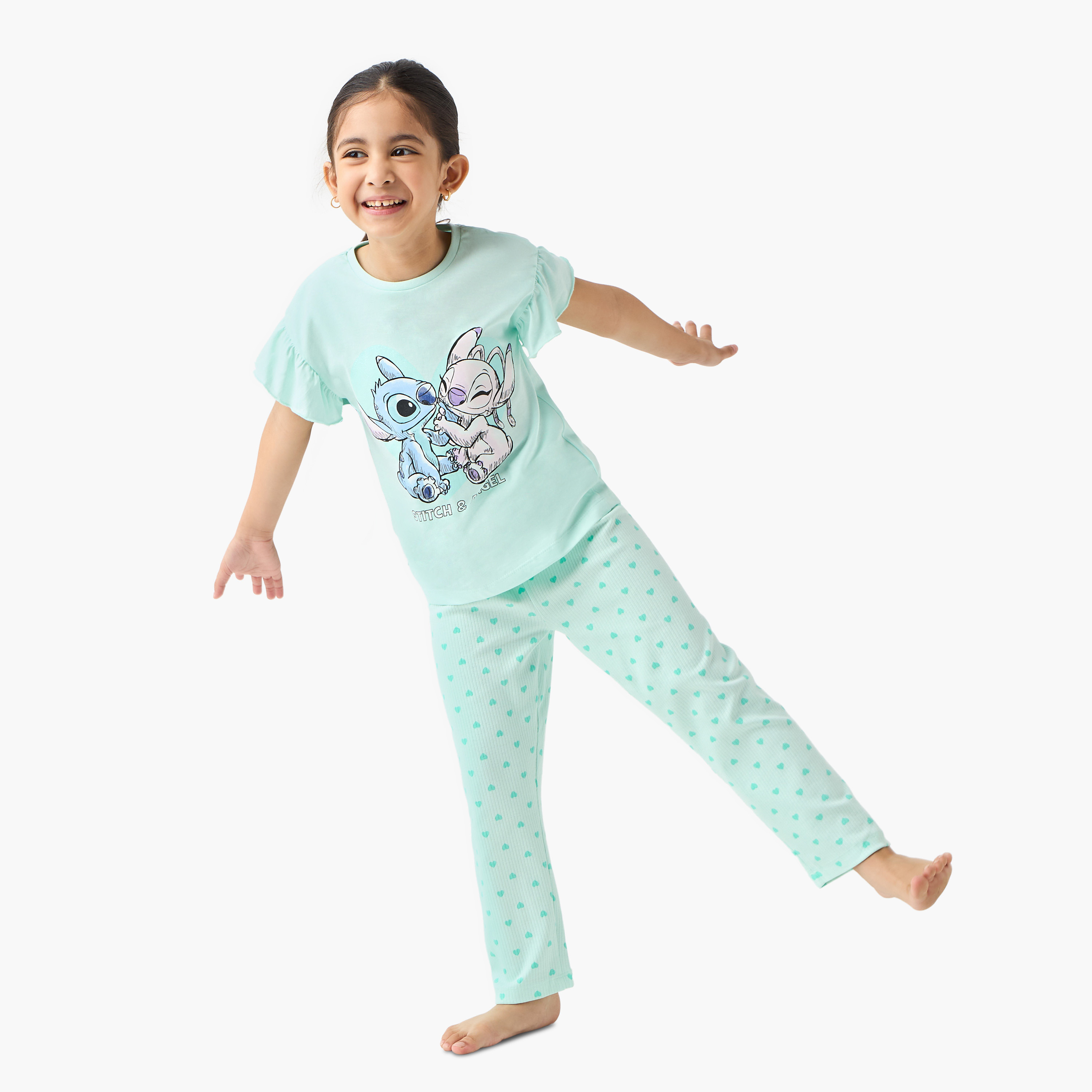 Disney Stitch and Angel Print T-shirt and Pyjama Set-girls-clothing-nightwear-image-1