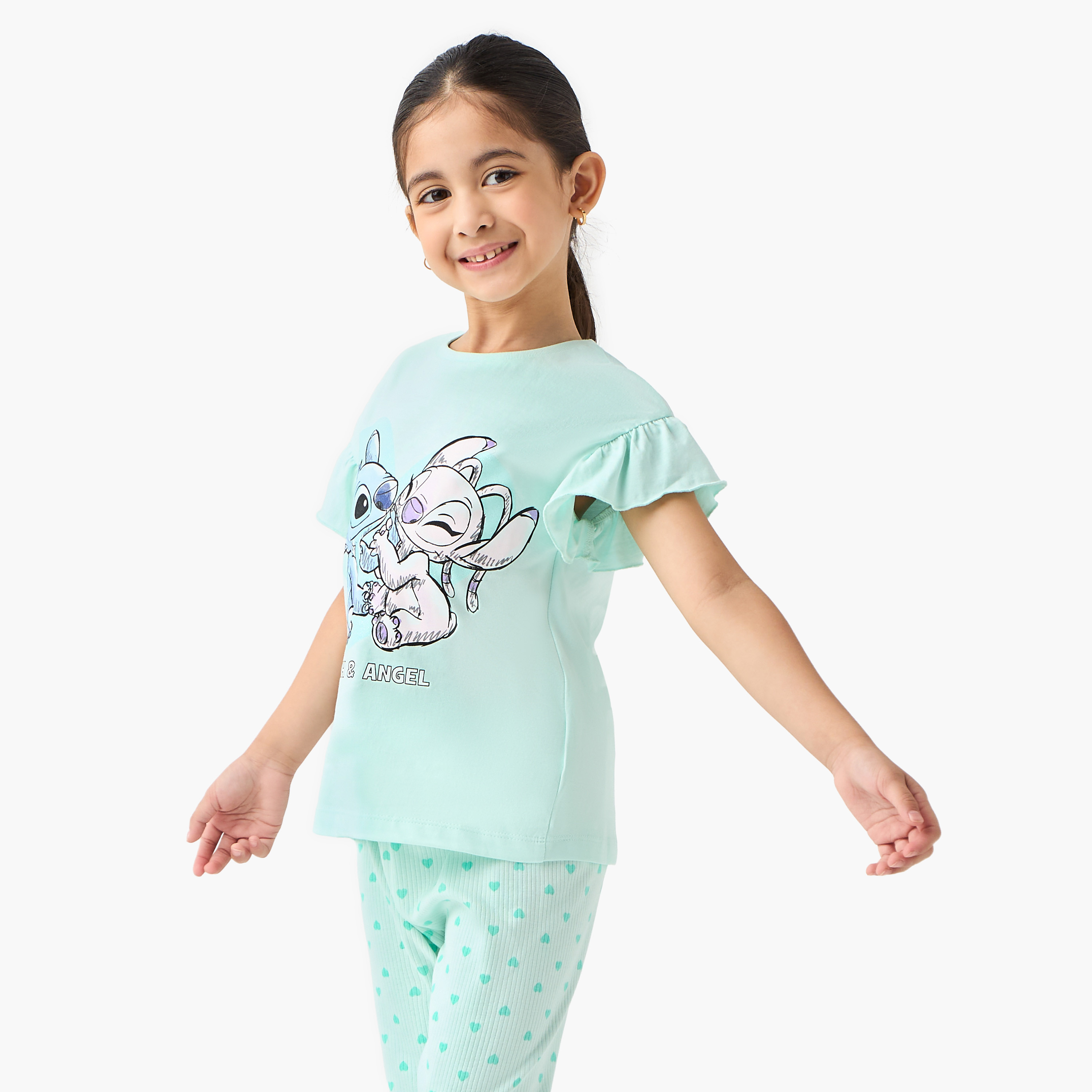 Disney Stitch and Angel Print T-shirt and Pyjama Set-girls-clothing-nightwear-image-2