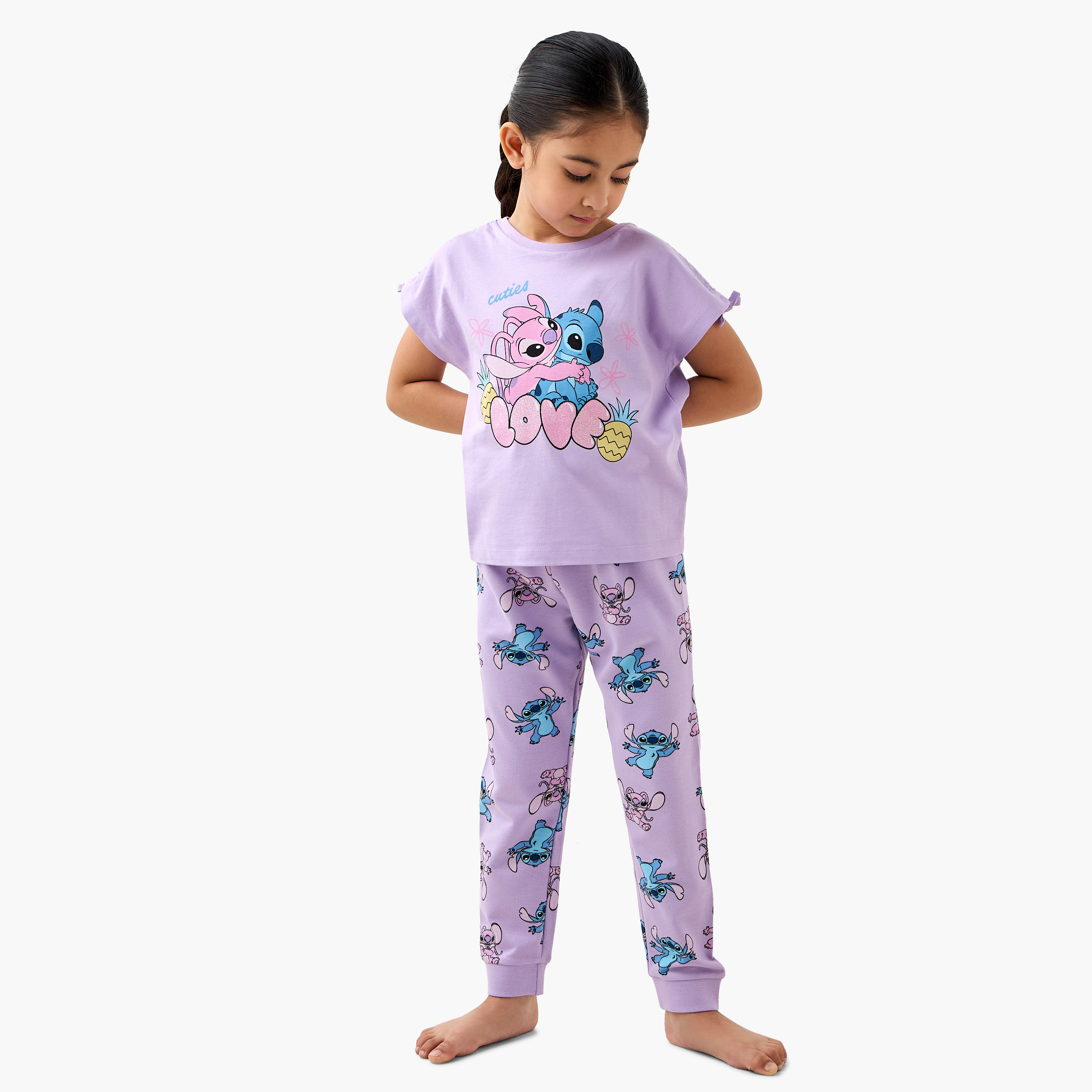 Disney Angel and Stitch Print T-shirt and Pyjama Set-baby-girls-clothing-nightwear-pyjamasets-image-1