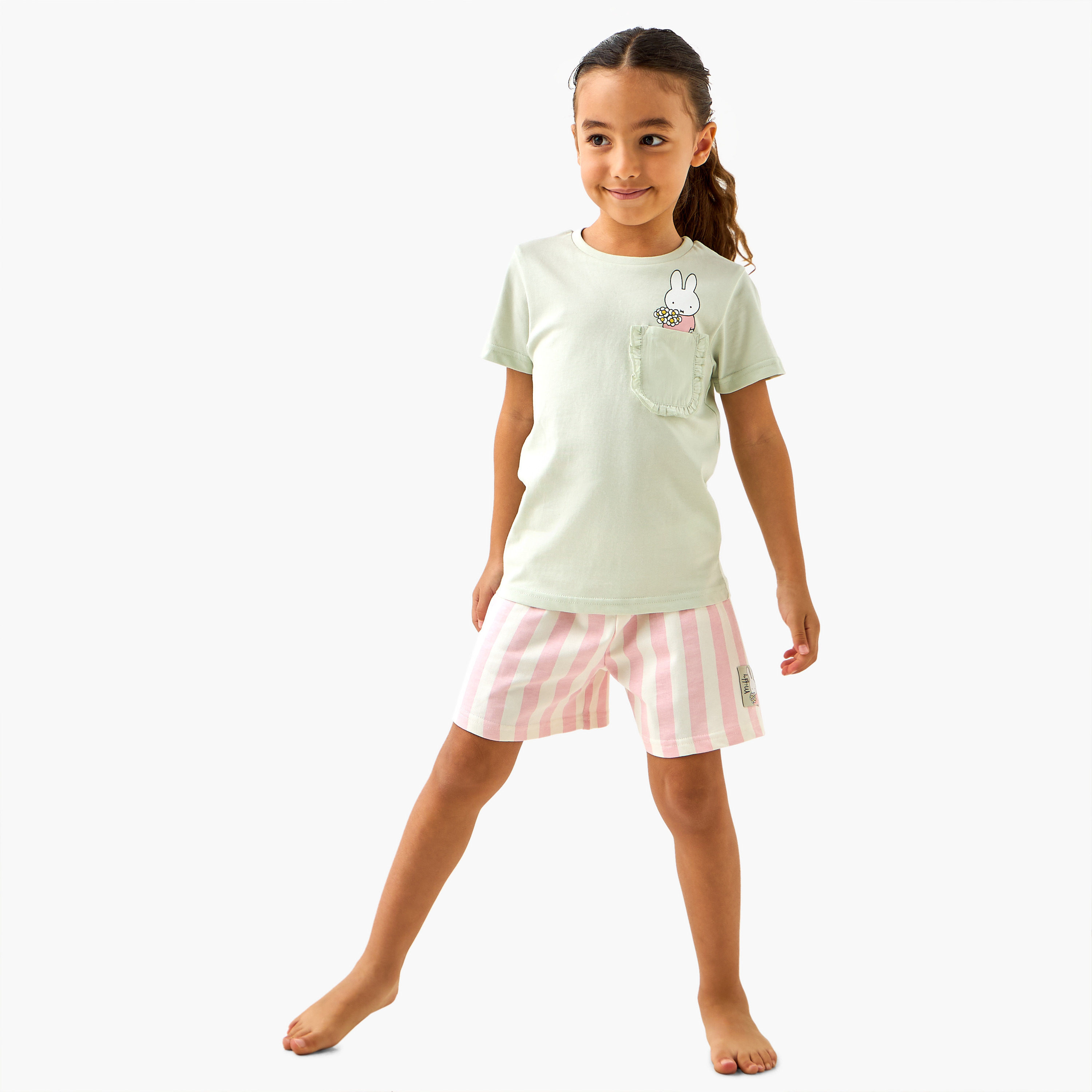 Miffy Print T-shirt and Striped Shorts Set-girls-clothing-nightwear-image-1