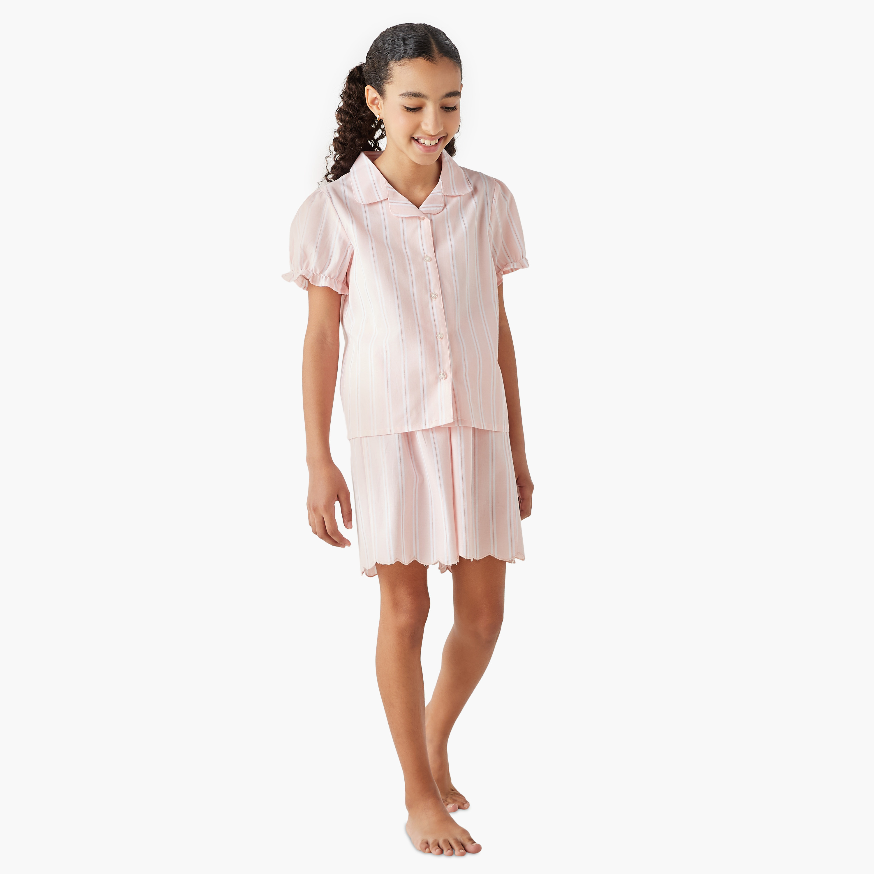 Juniors Striped Camp Collar Shirt and Elasticated Shorts Set-girls-clothing-nightwear-image-1