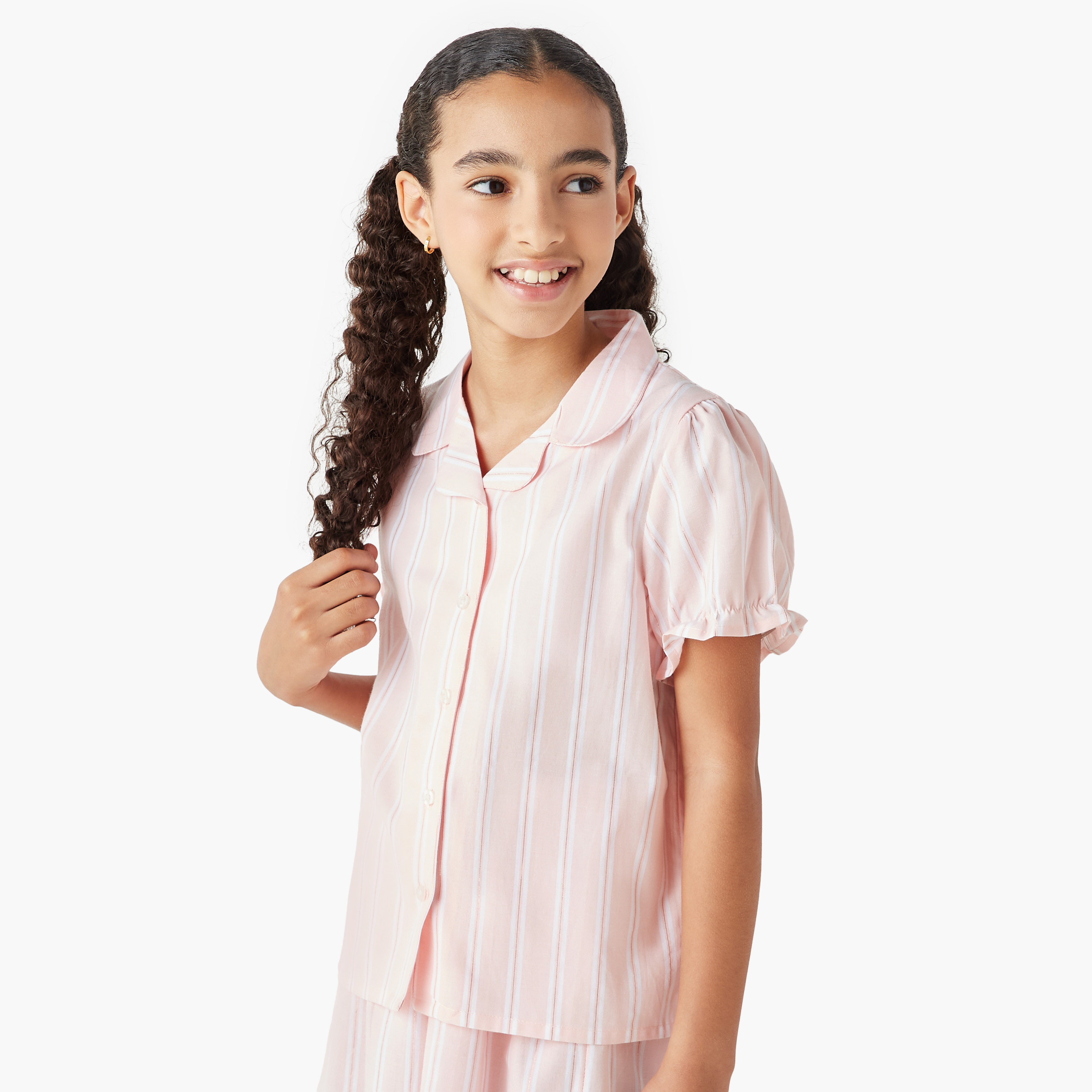 Juniors Striped Camp Collar Shirt and Elasticated Shorts Set-girls-clothing-nightwear-image-2