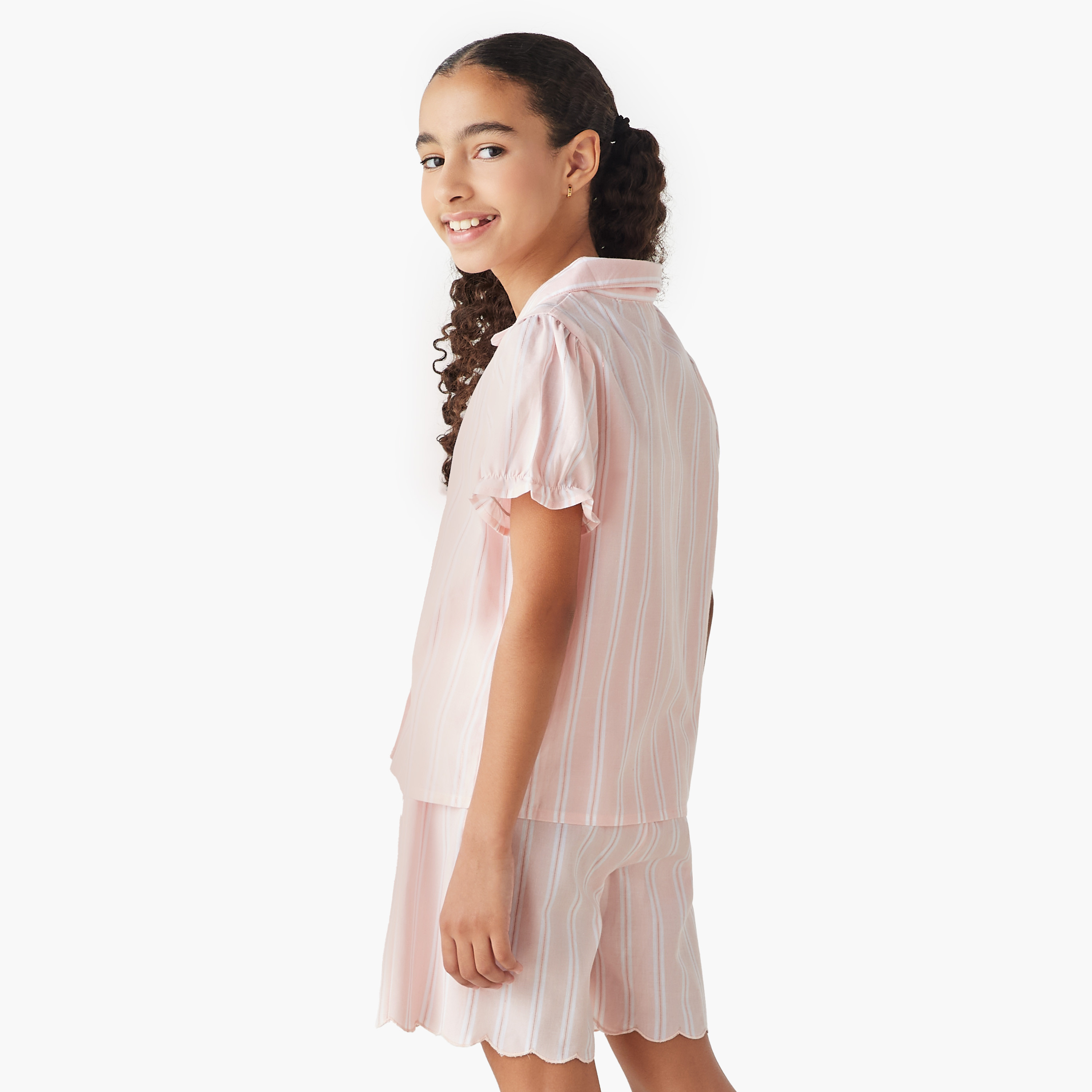 Juniors Striped Camp Collar Shirt and Elasticated Shorts Set-girls-clothing-nightwear-image-5