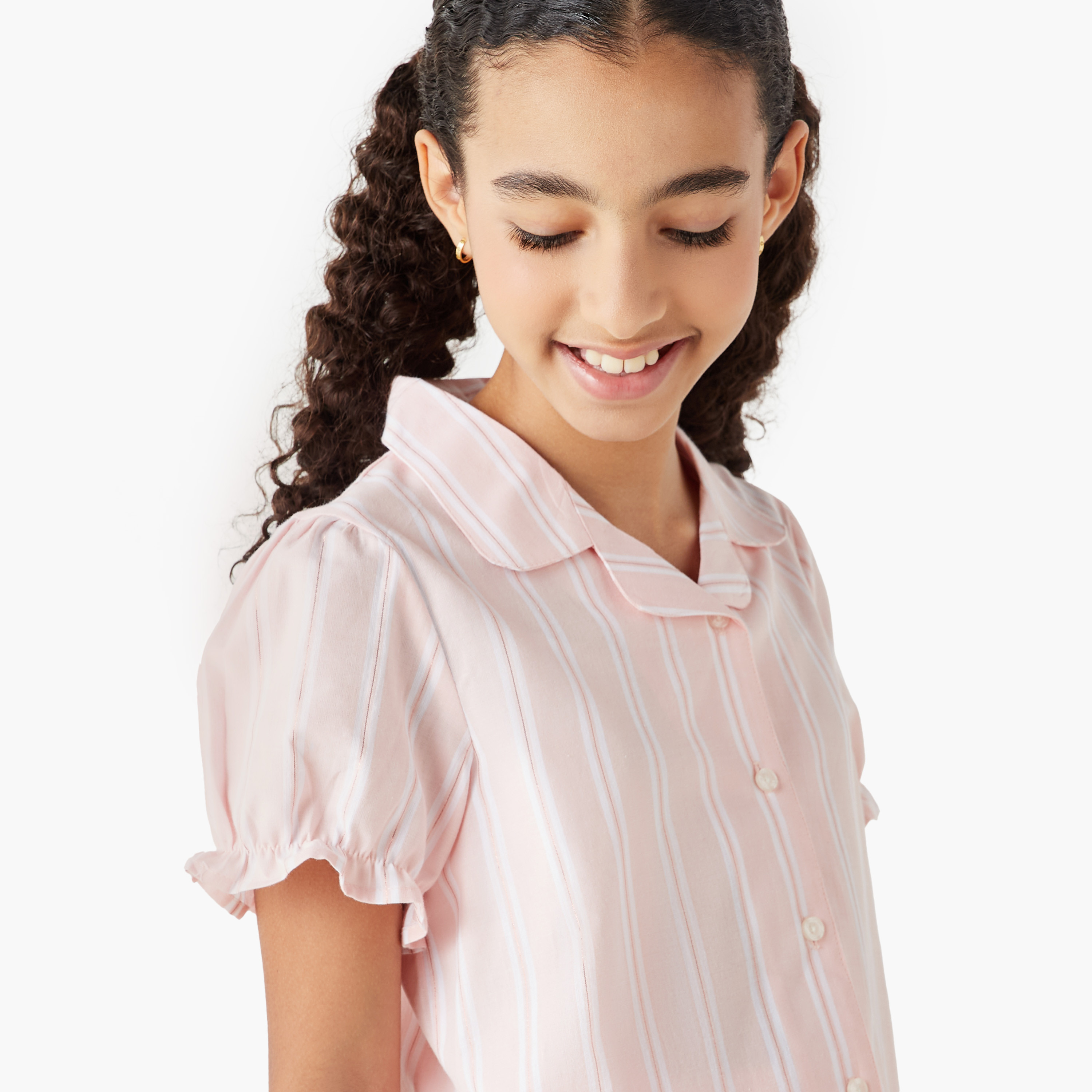 Juniors Striped Camp Collar Shirt and Elasticated Shorts Set-girls-clothing-nightwear-image-6