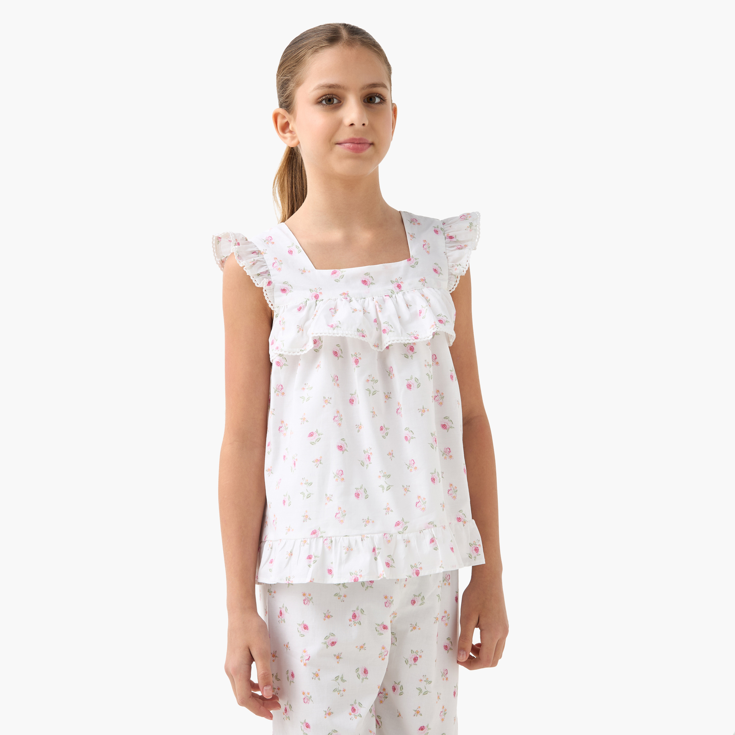 Juniors All-Over Floral Print Top and Pyjama Set-girls-clothing-nightwear-image-2