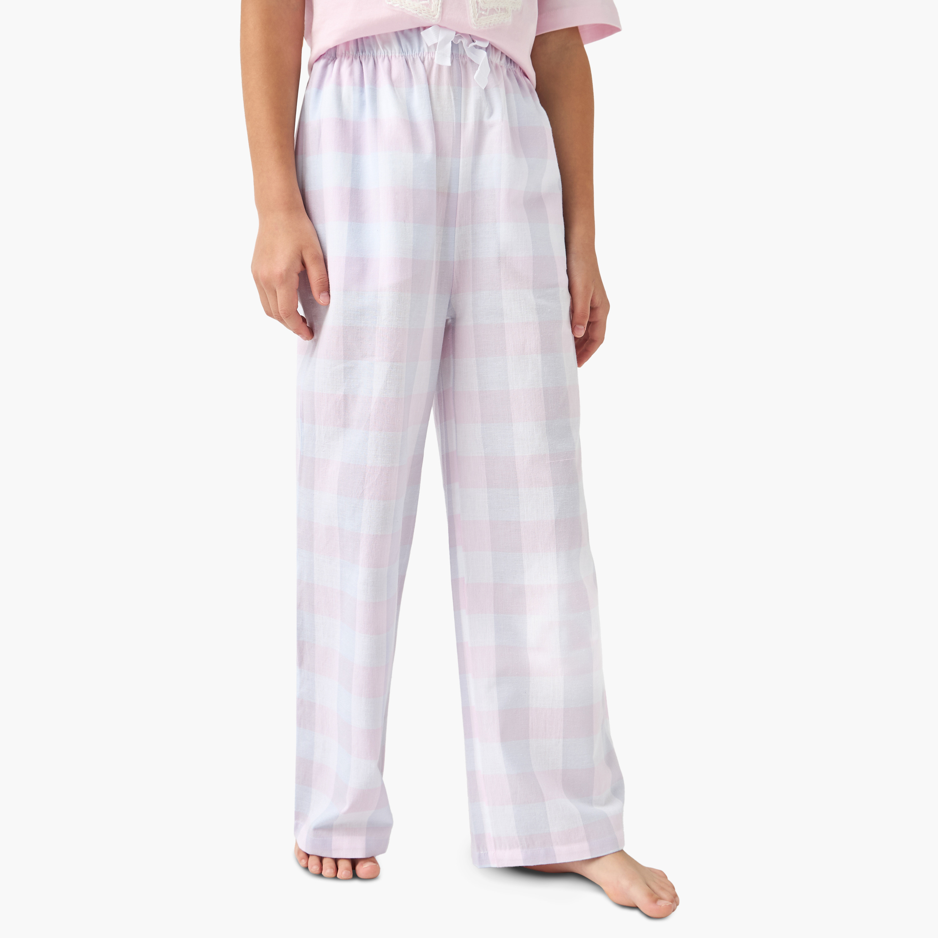 طقم بنطلون بيجاما كاروهات وتيشيرت بزينة فيونكة من جونيورز-girls-clothing-nightwear-image-3