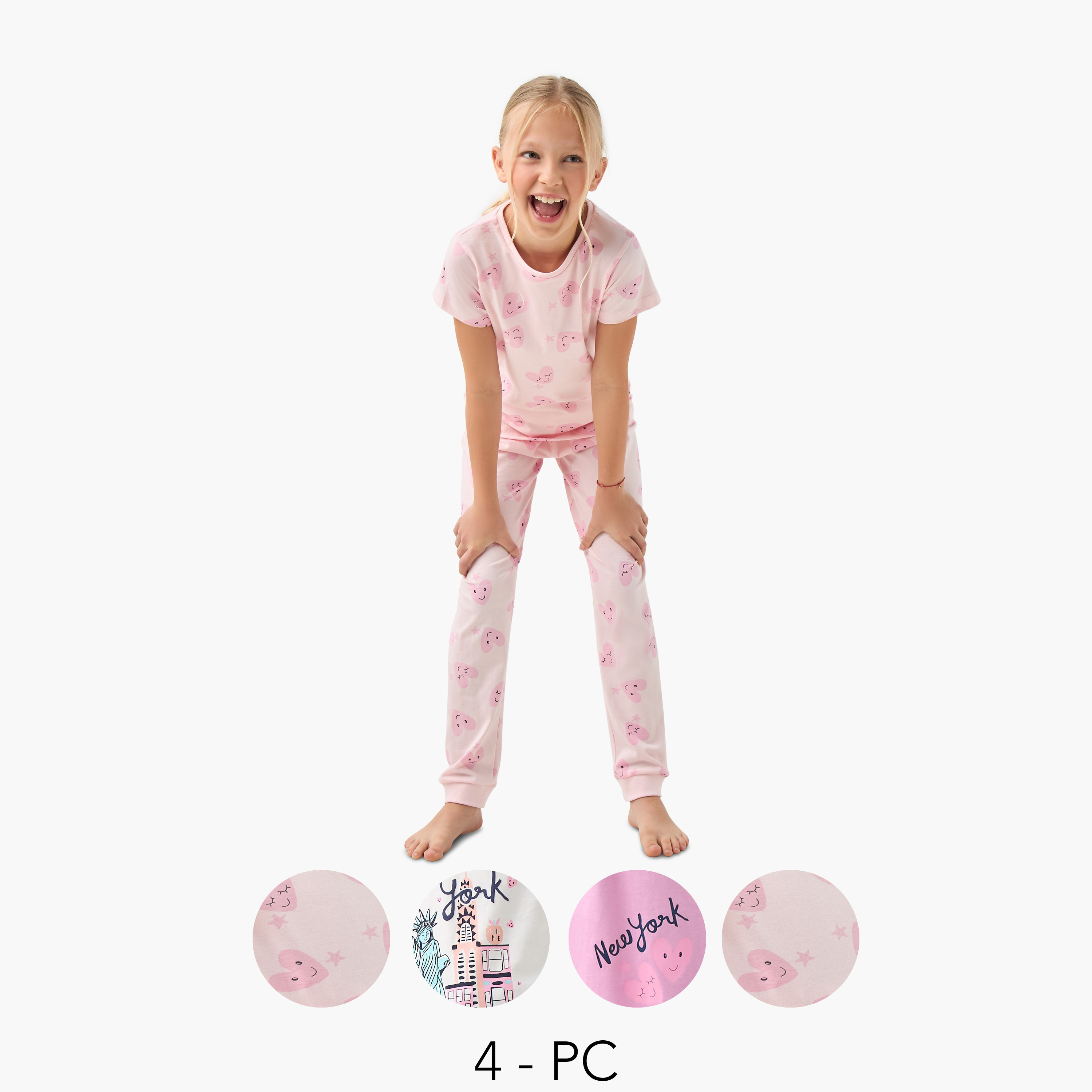 Juniors 4-Piece Print T-shirt and Pyjama Set-girls-clothing-multipacks-image-1