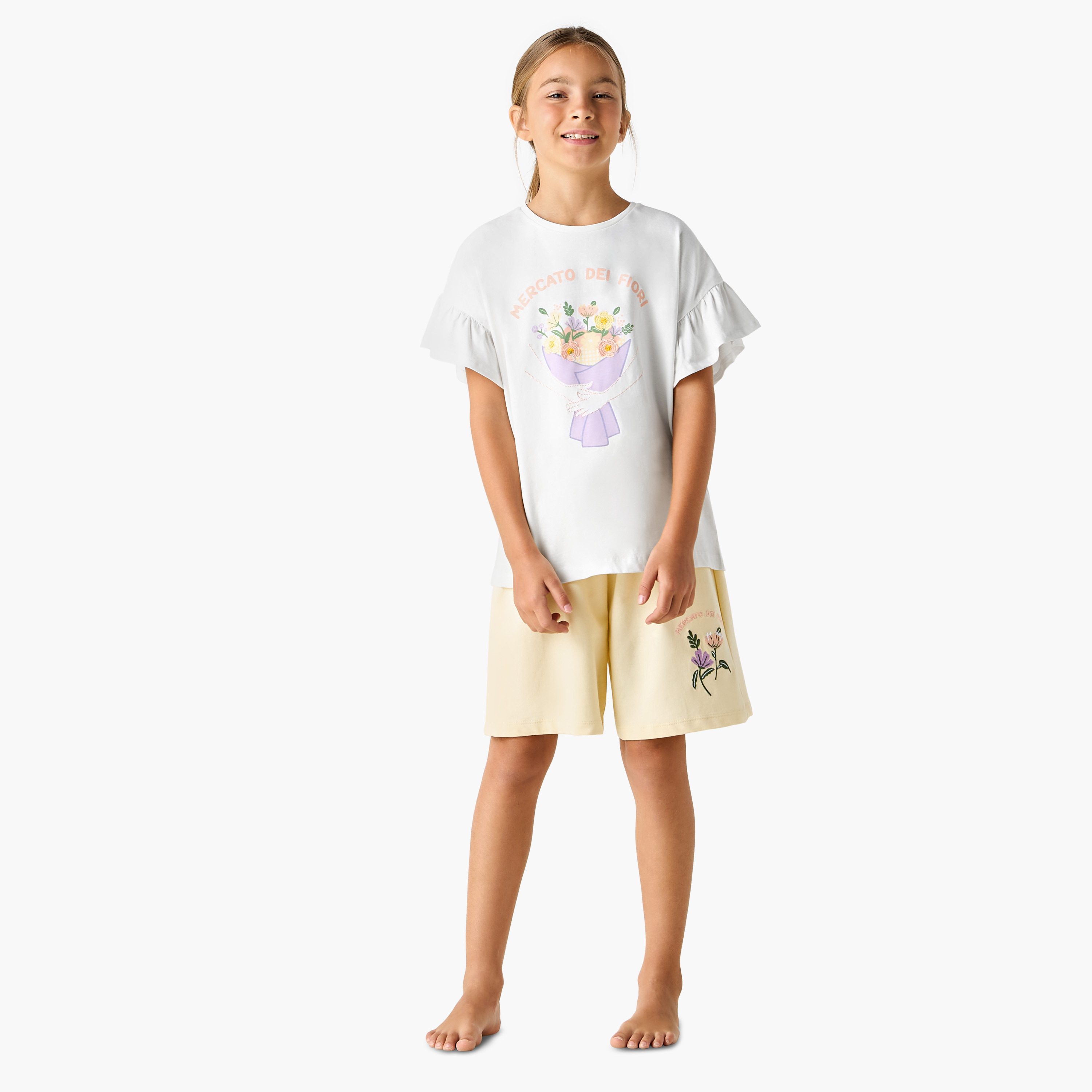 Juniors Floral Print T-shirt and Shorts Set-girls-clothing-nightwear-image-1