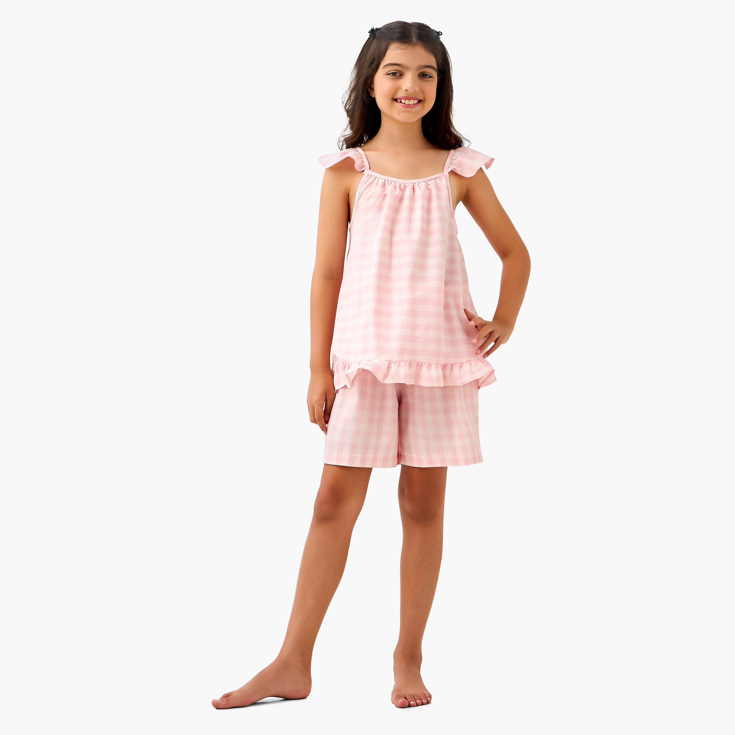 Juniors Checked Sleeveless Top and Shorts Set-girls-clothing-nightwear-image-1