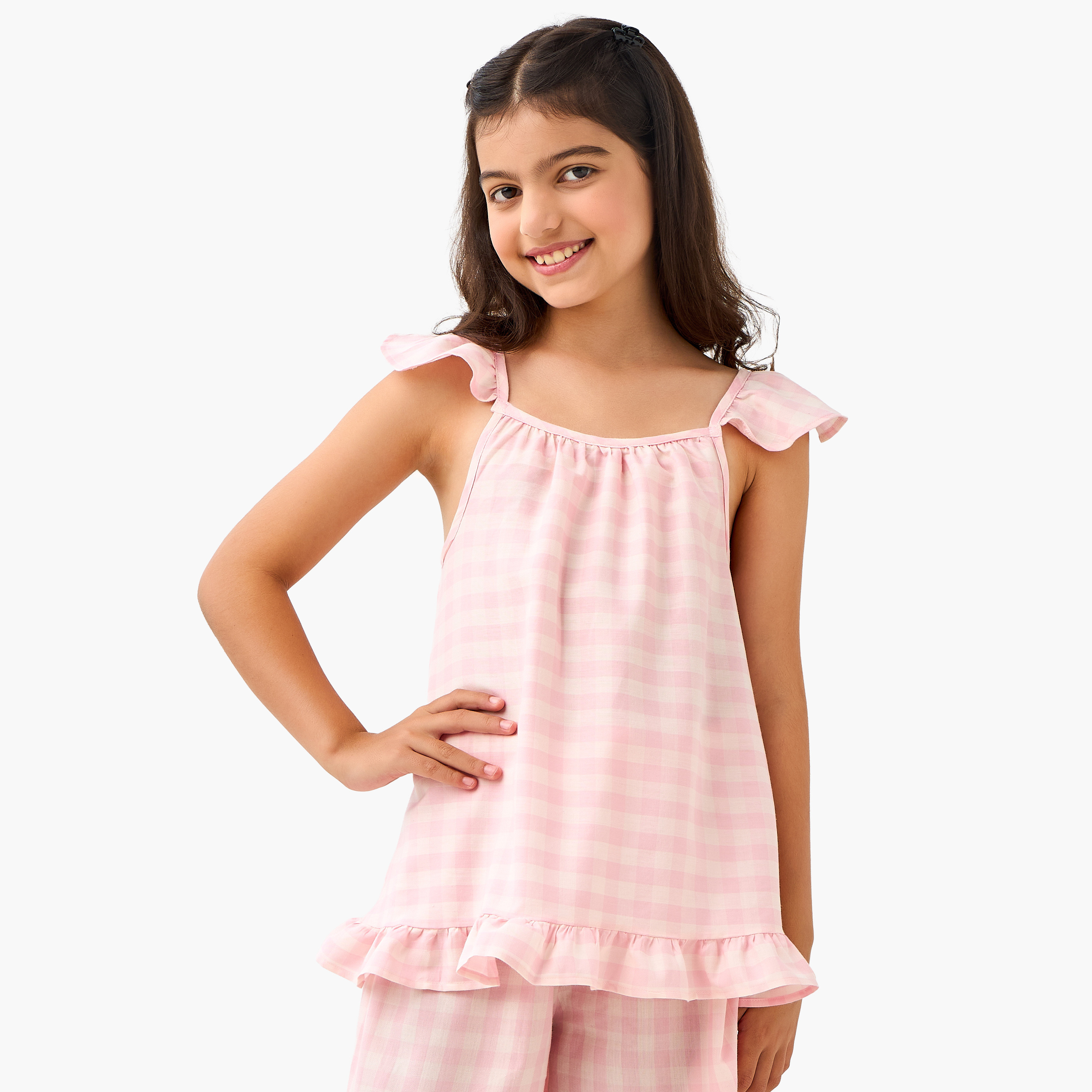 Juniors Checked Sleeveless Top and Shorts Set-girls-clothing-nightwear-image-2