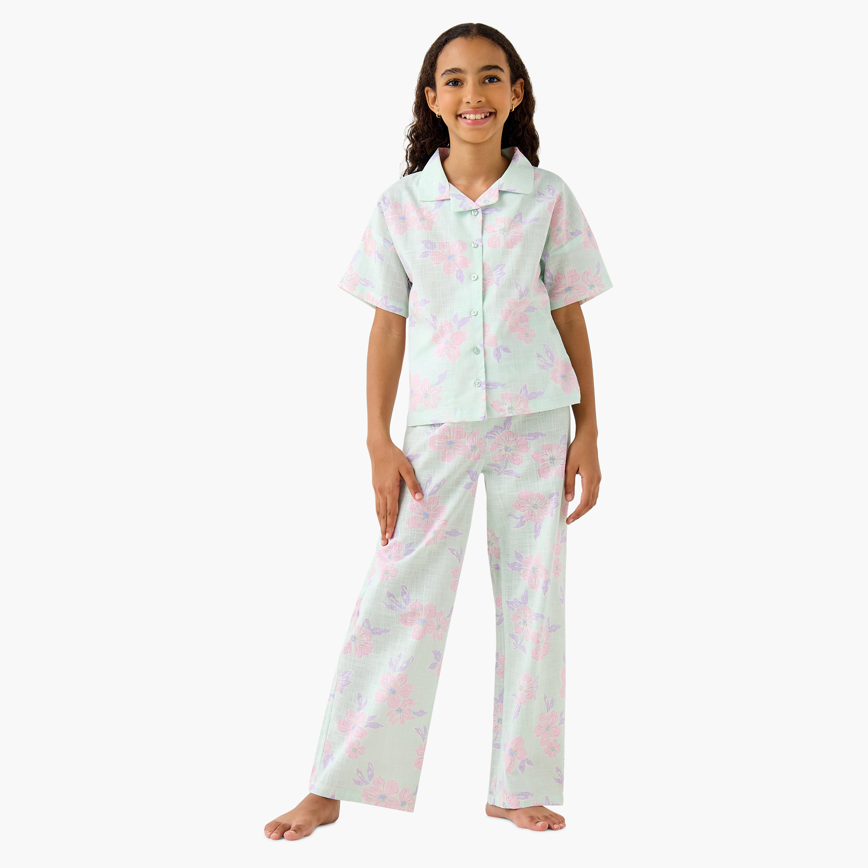 Juniors All-Over Floral Print Shirt and Pyjama Set-girls-clothing-nightwear-image-1