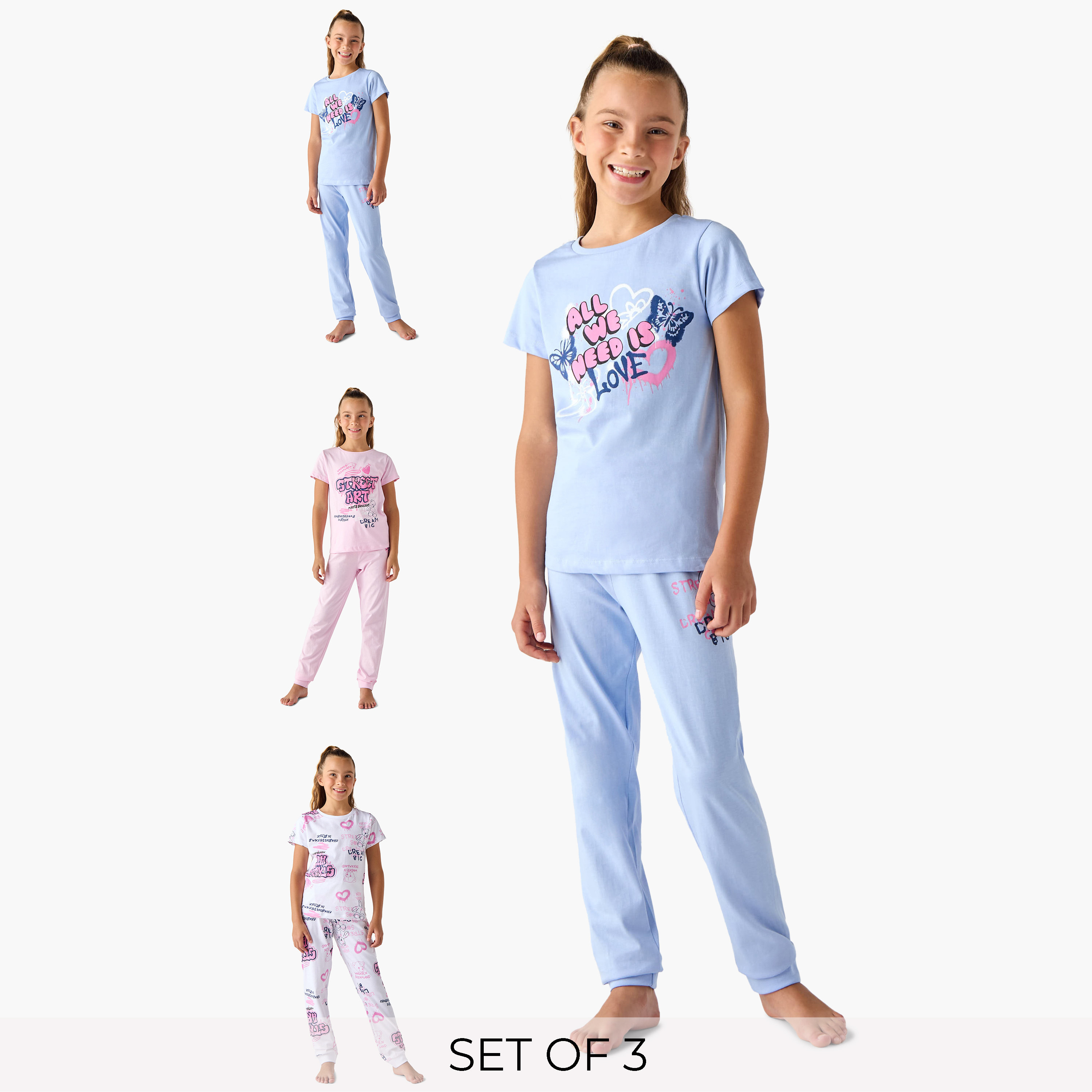 Juniors Printed T-shirt and Pyjamas - Set of 3-girls-clothing-nightwear-image-1