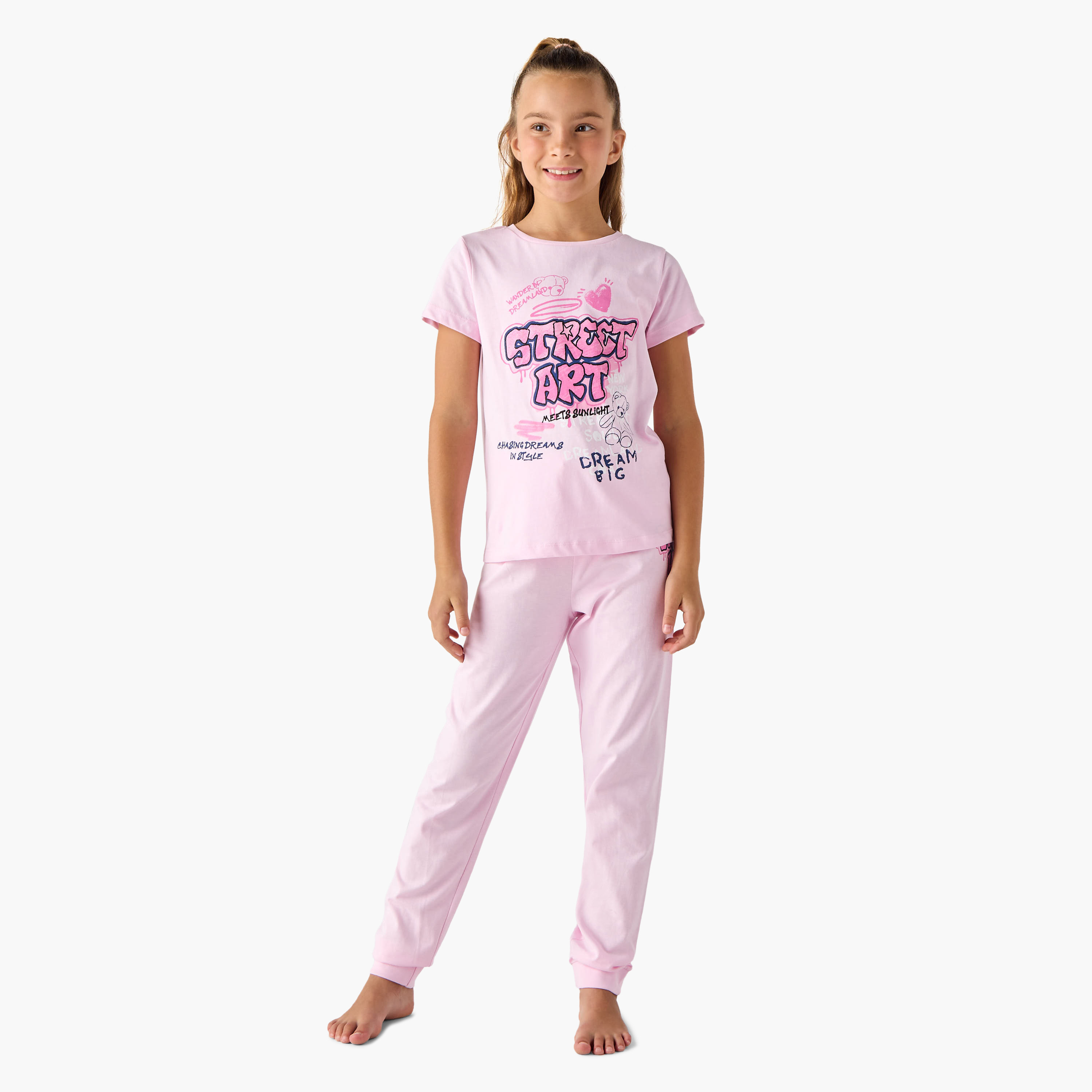 Juniors Printed T-shirt and Pyjamas - Set of 3-girls-clothing-nightwear-image-2