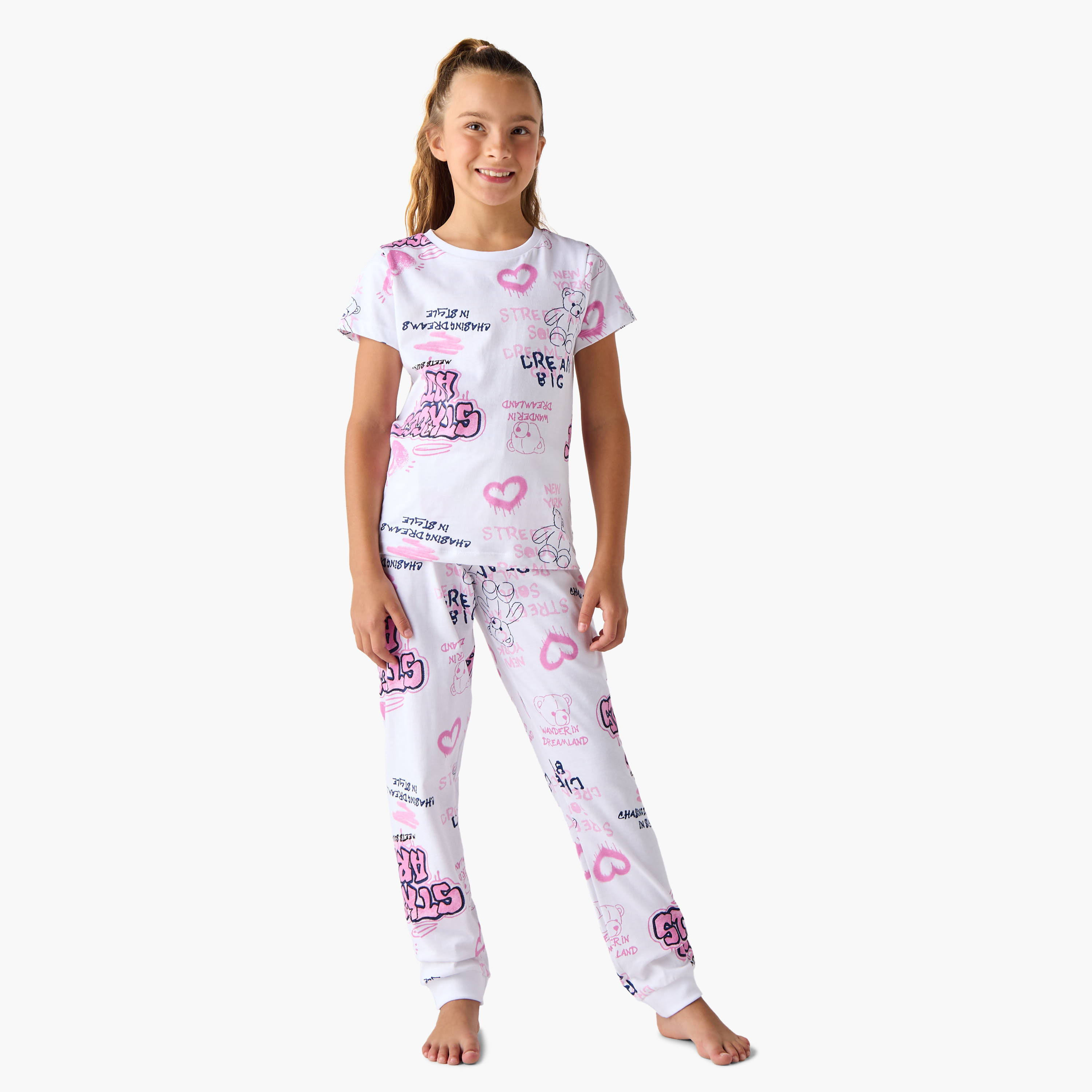 Juniors Printed T-shirt and Pyjamas - Set of 3-girls-clothing-nightwear-image-3