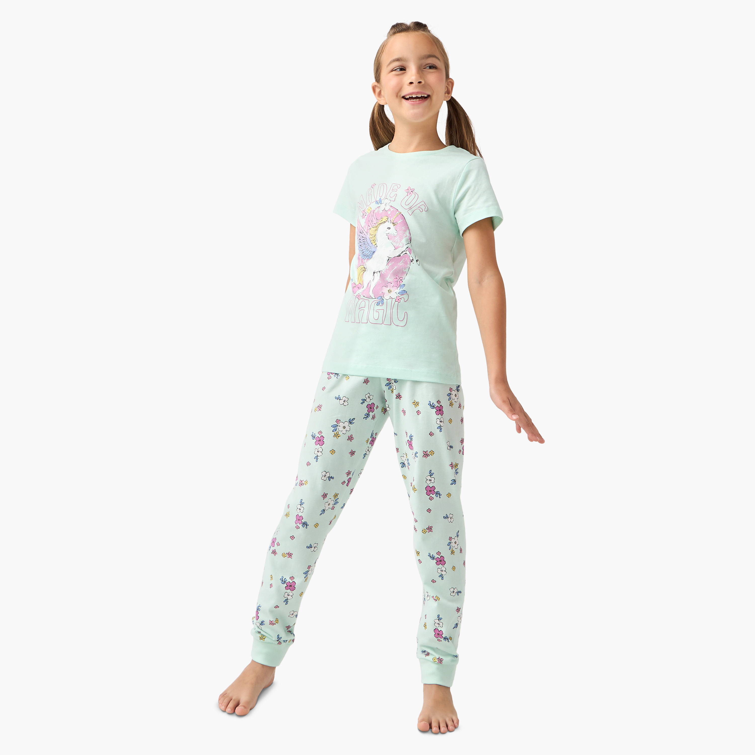 Juniors Unicorn Print T-shirt and Pyjama Set-girls-clothing-nightwear-image-1