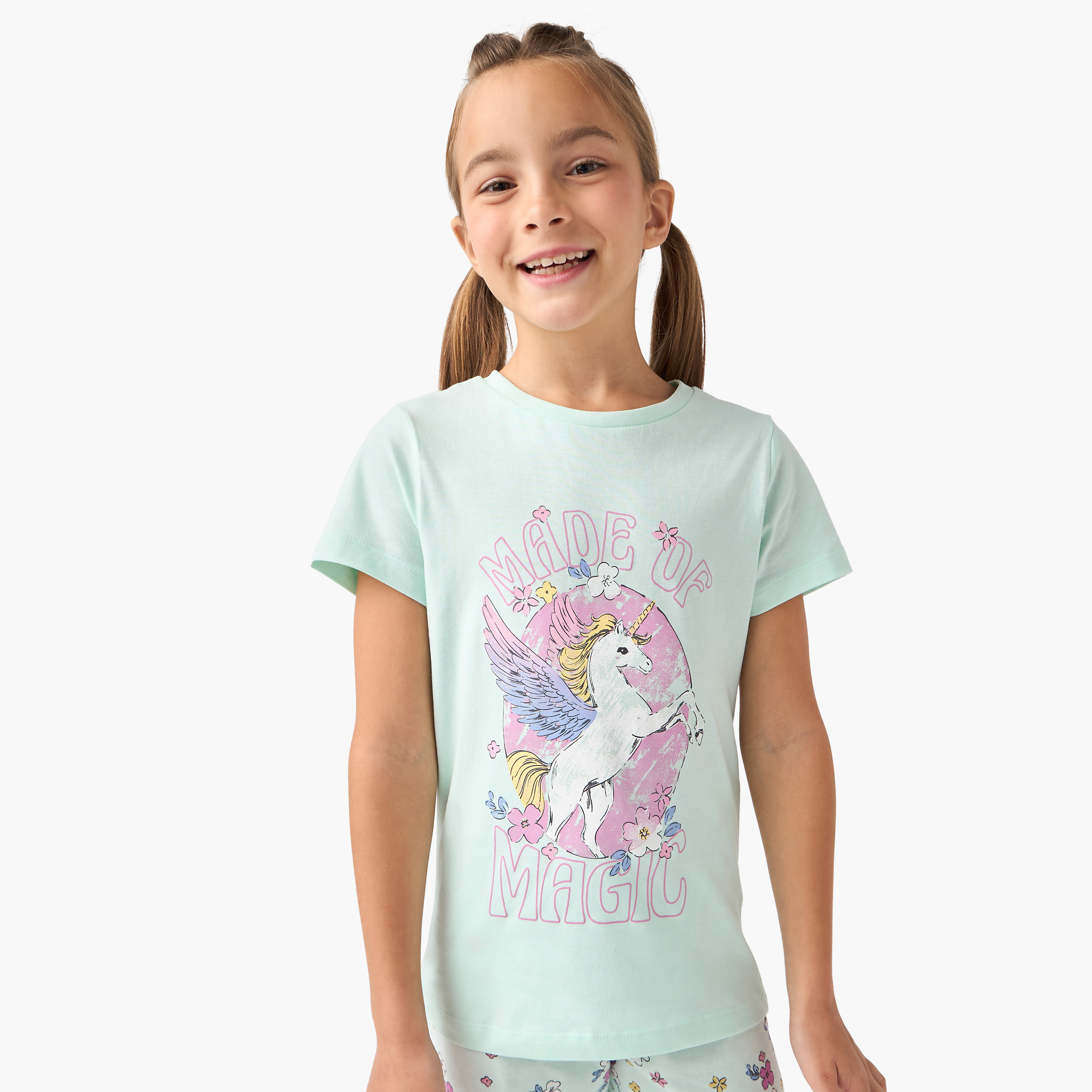 Juniors Unicorn Print T-shirt and Pyjama Set-girls-clothing-nightwear-image-3