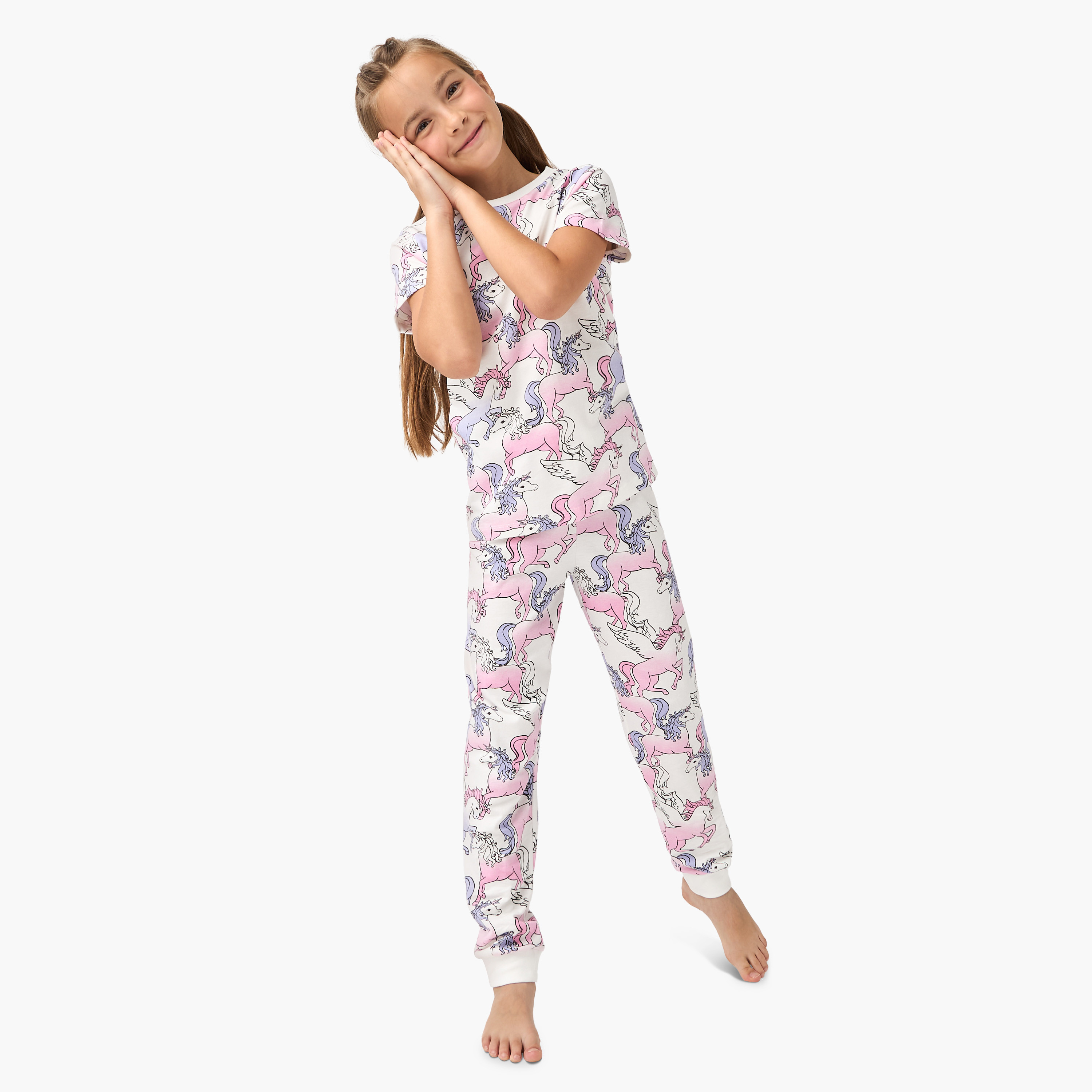 Juniors Unicorn Print T-shirt and Pyjama Set-girls-clothing-nightwear-image-1