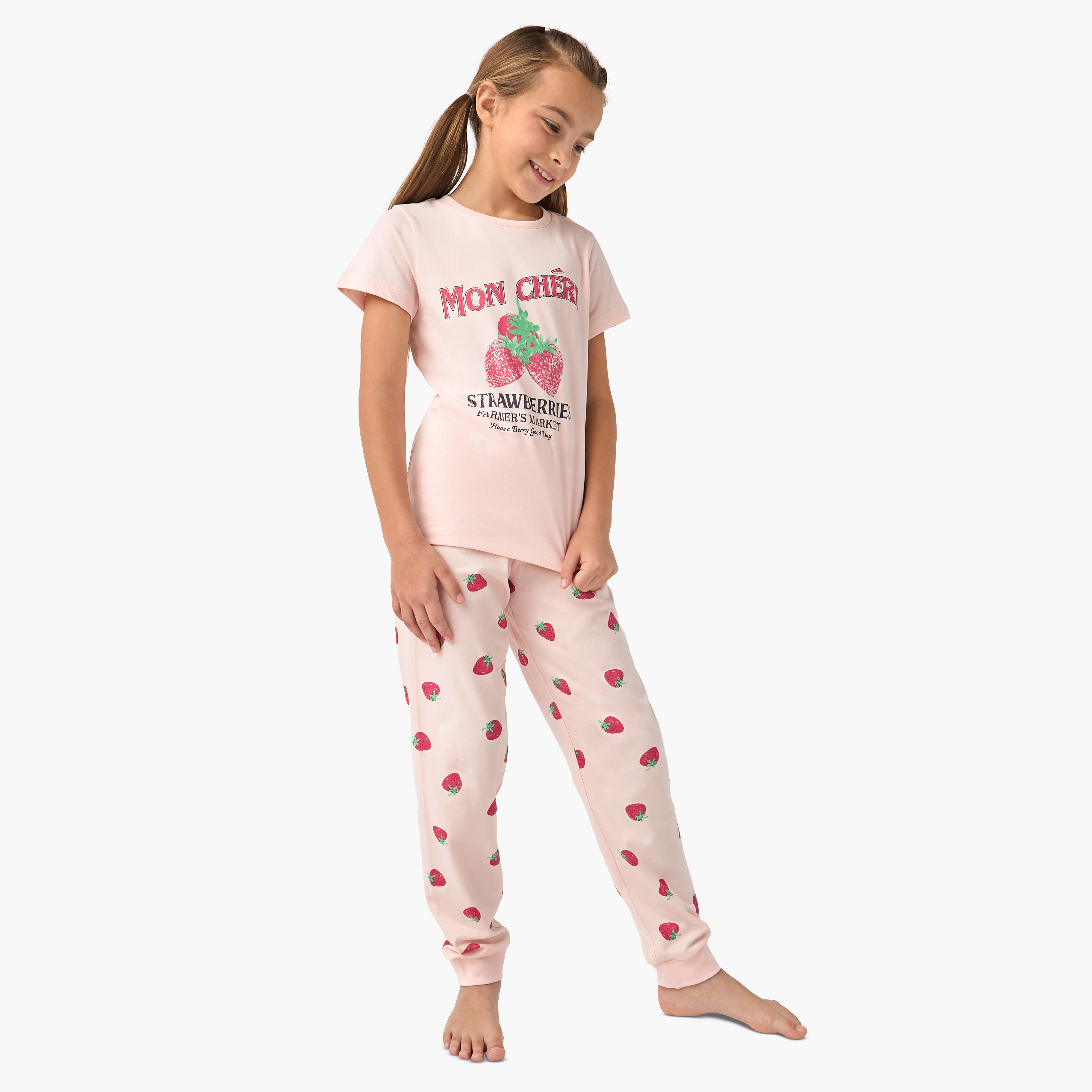 Juniors Strawberry Print T-shirt and Pyjama Set-girls-clothing-nightwear-image-1