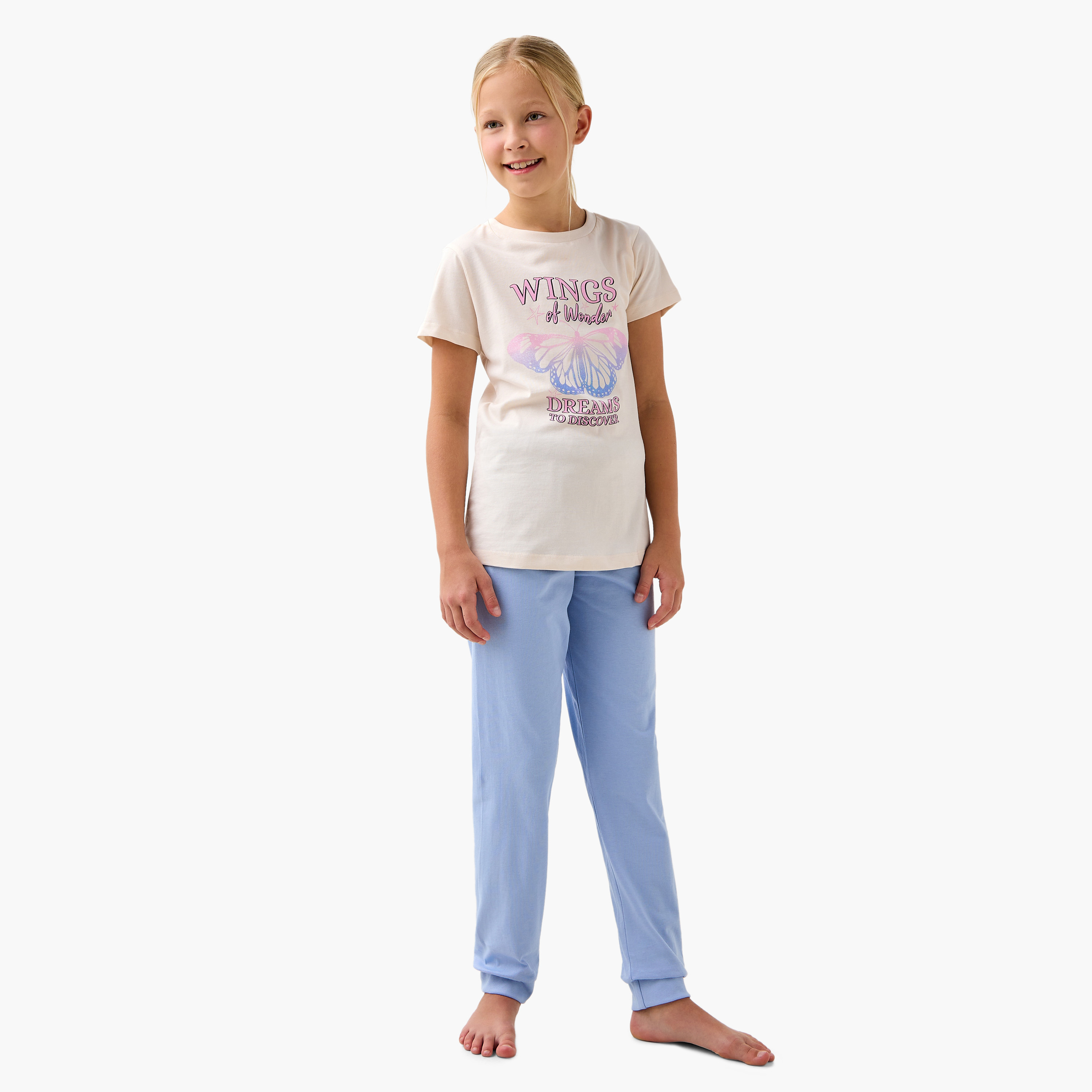 Juniors Butterfly Print T-shirt and Pyjama Set-girls-clothing-nightwear-image-1