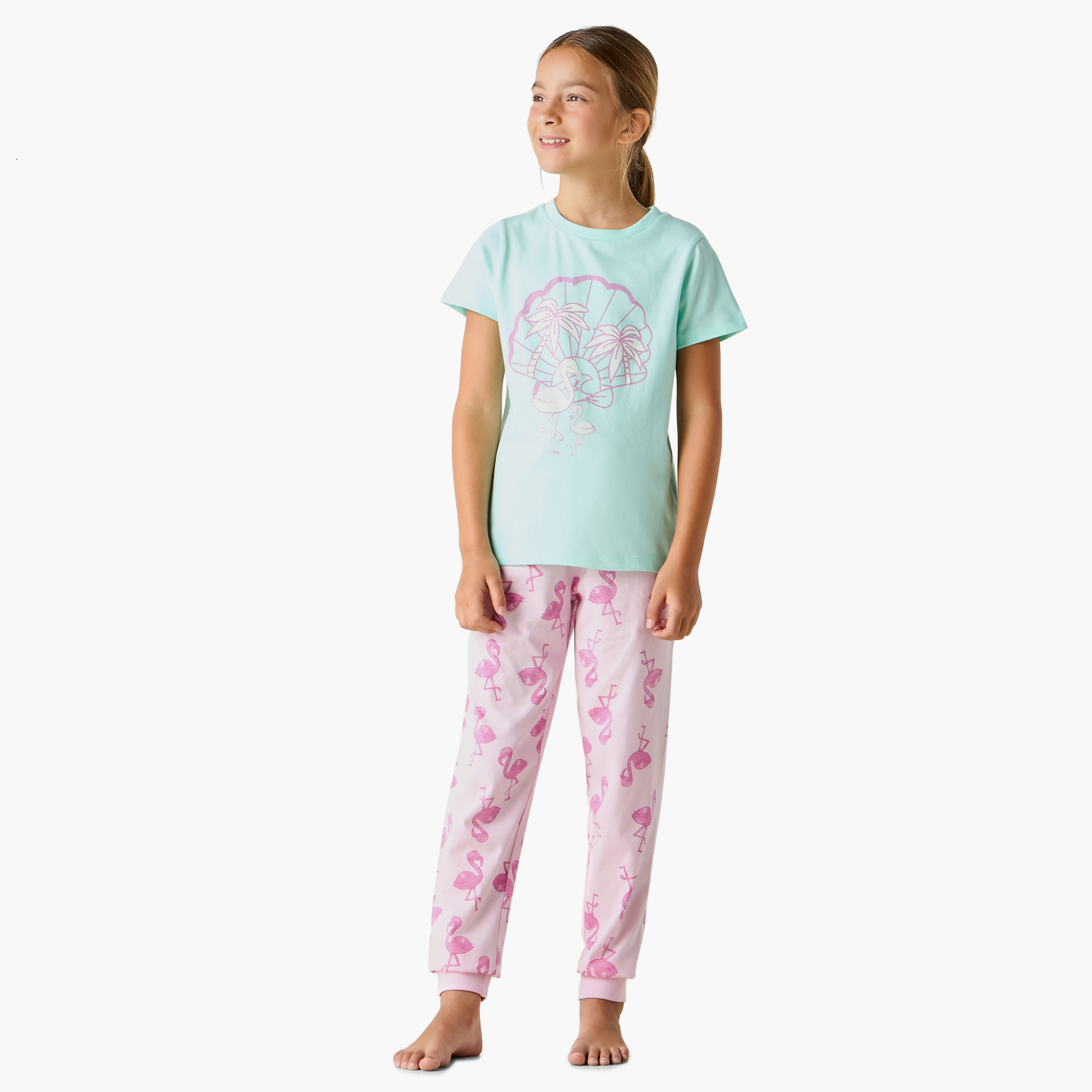 Juniors Flamingo Print T-shirt and Pyjama Set-girls-clothing-nightwear-image-1