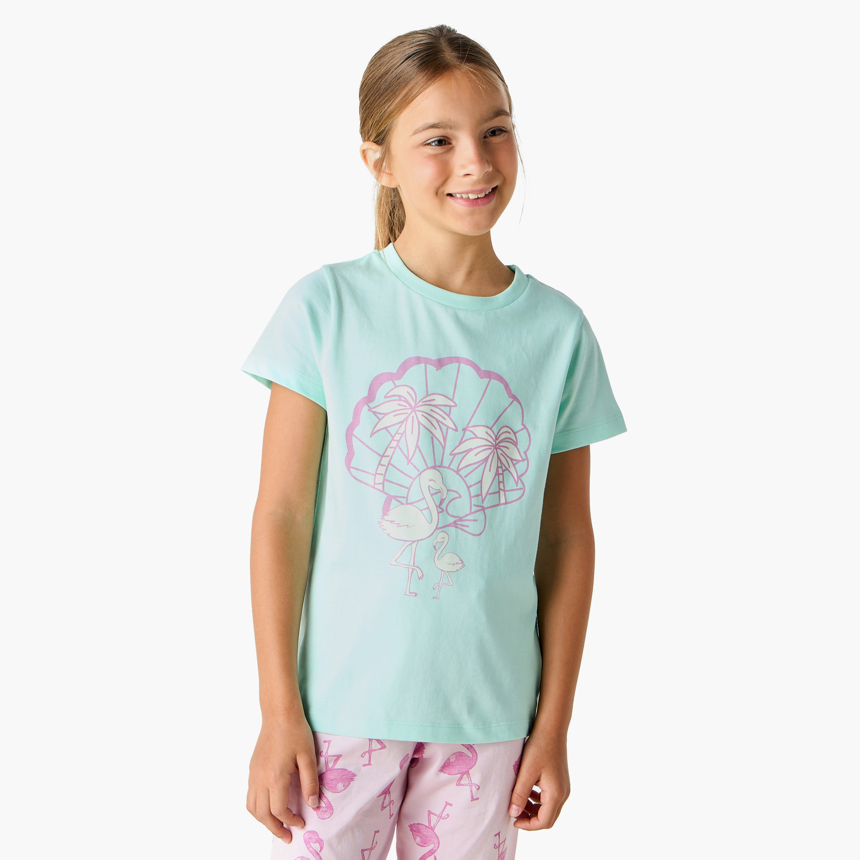 Juniors Flamingo Print T-shirt and Pyjama Set-girls-clothing-nightwear-image-2