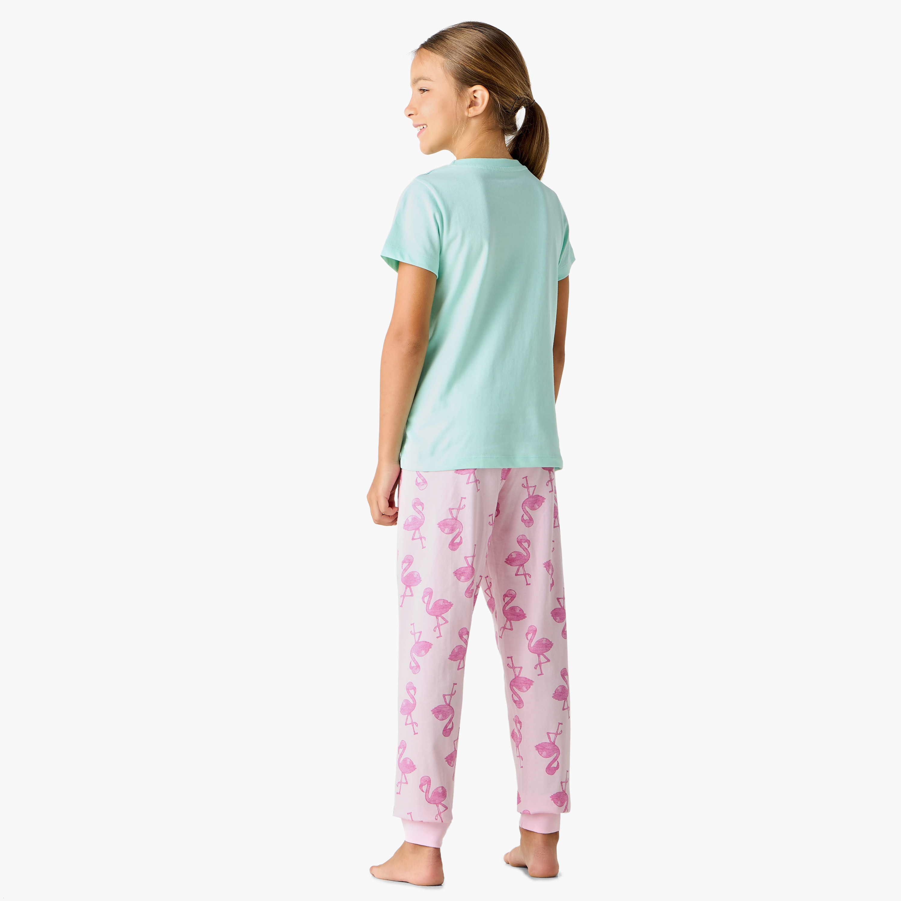 Juniors Flamingo Print T-shirt and Pyjama Set-girls-clothing-nightwear-image-4
