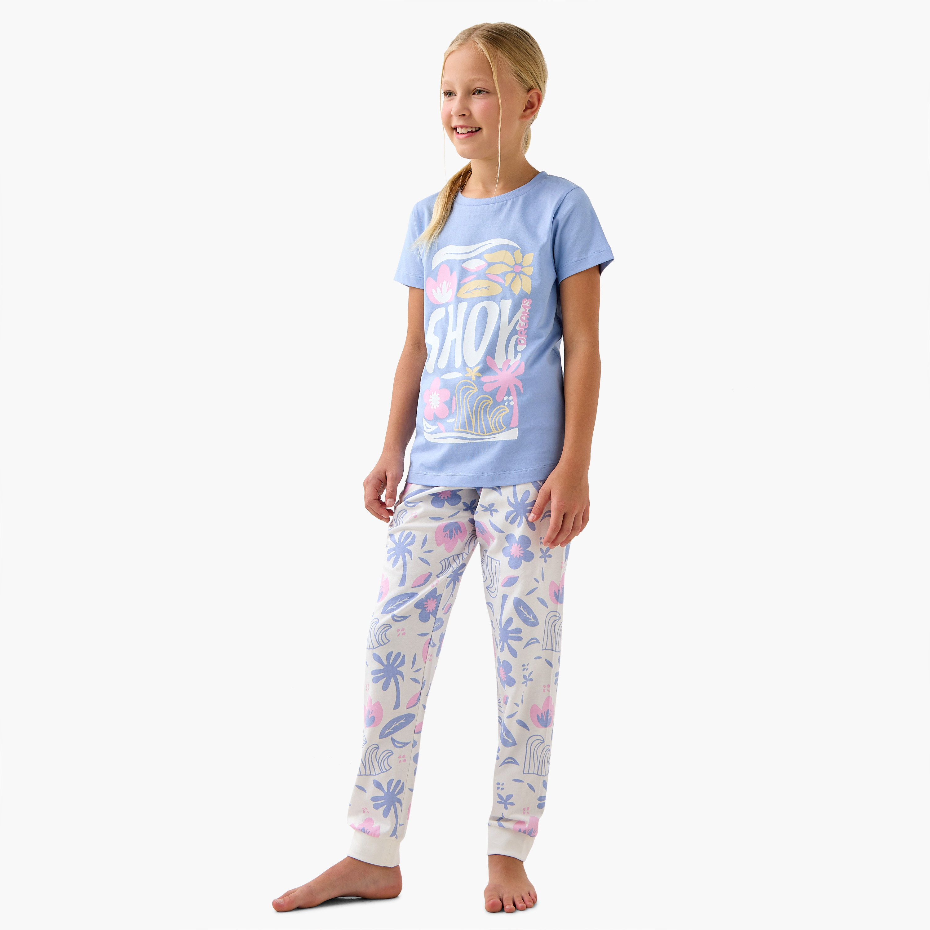Juniors Floral Print T-shirt and Pyjama Set-girls-clothing-nightwear-image-1