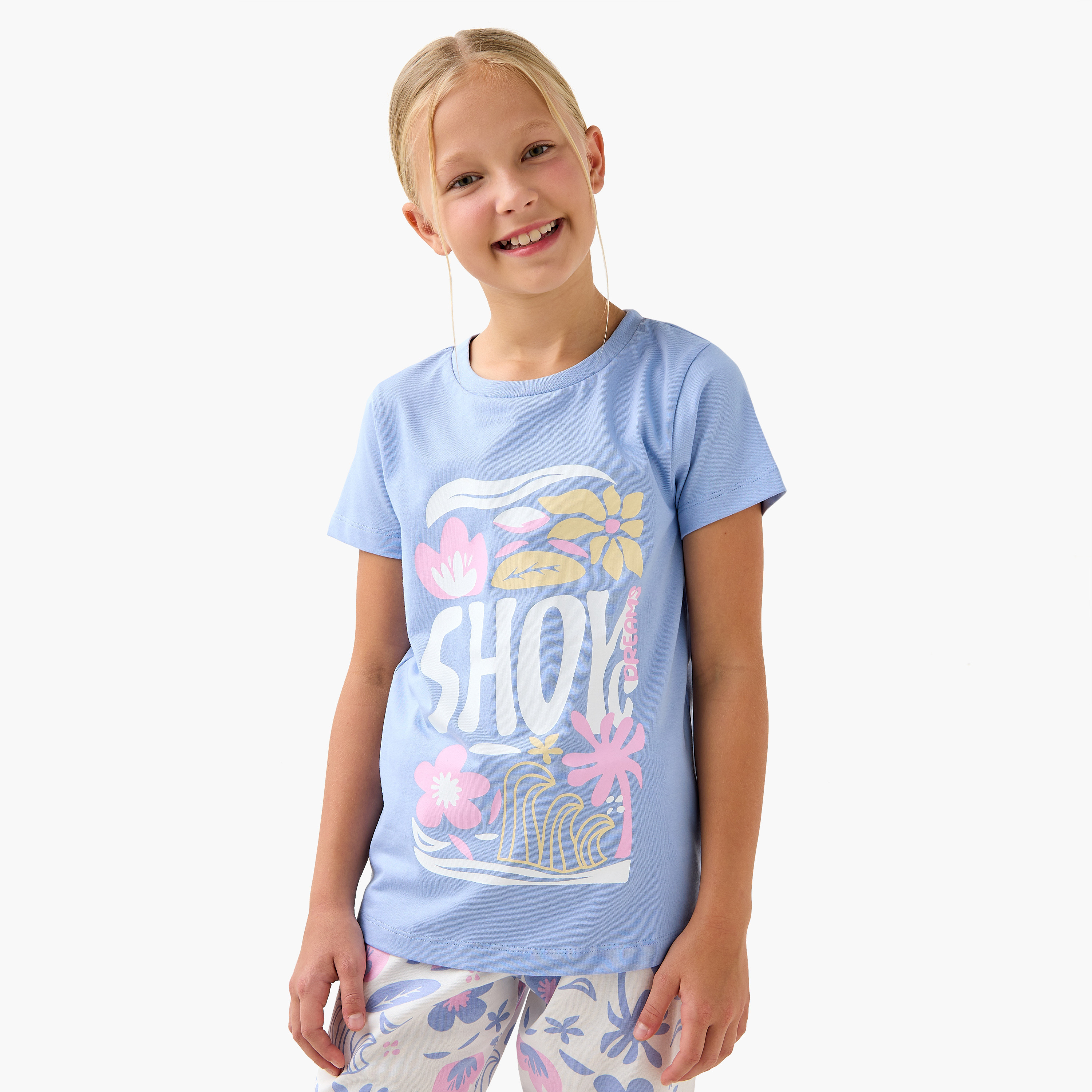 Juniors Floral Print T-shirt and Pyjama Set-girls-clothing-nightwear-image-2