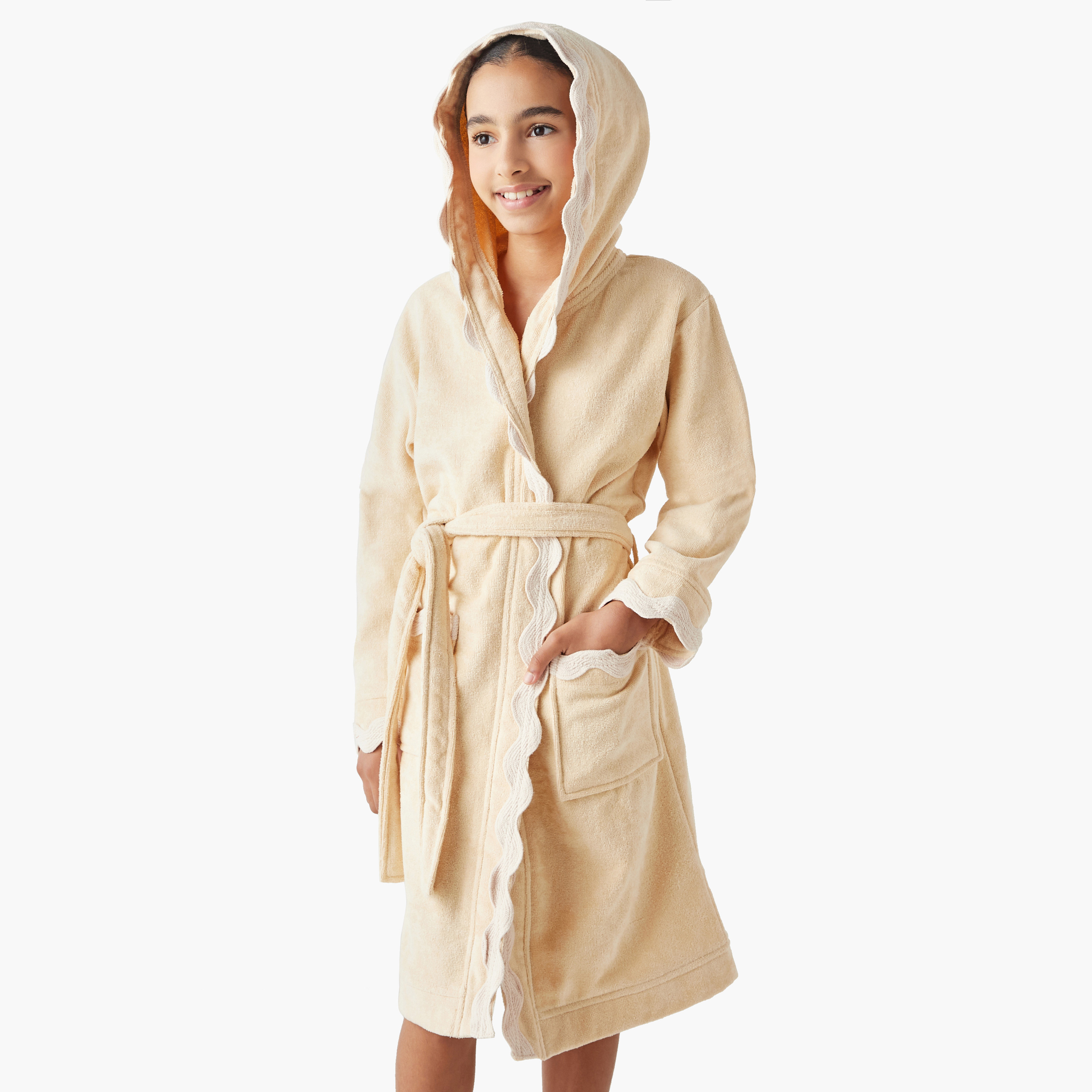 روب حمام سادة بقبعة وجيوب ورباط من جونيورز-girls-clothing-nightwear-image-1