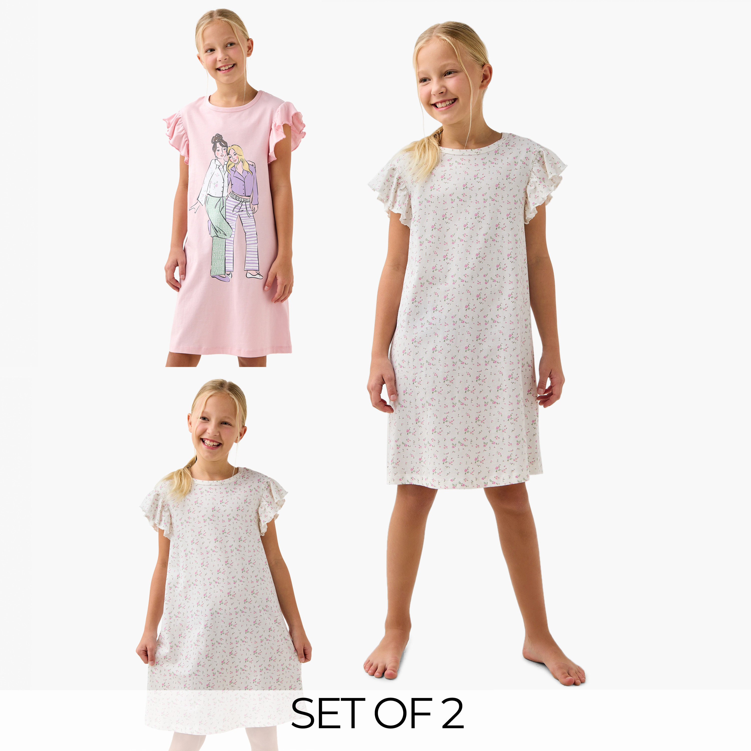 فستان نوم بأكمام بكشكش وطبعات من جونيورز - مجموعة من قطعتين-girls-clothing-nightwear-image-1