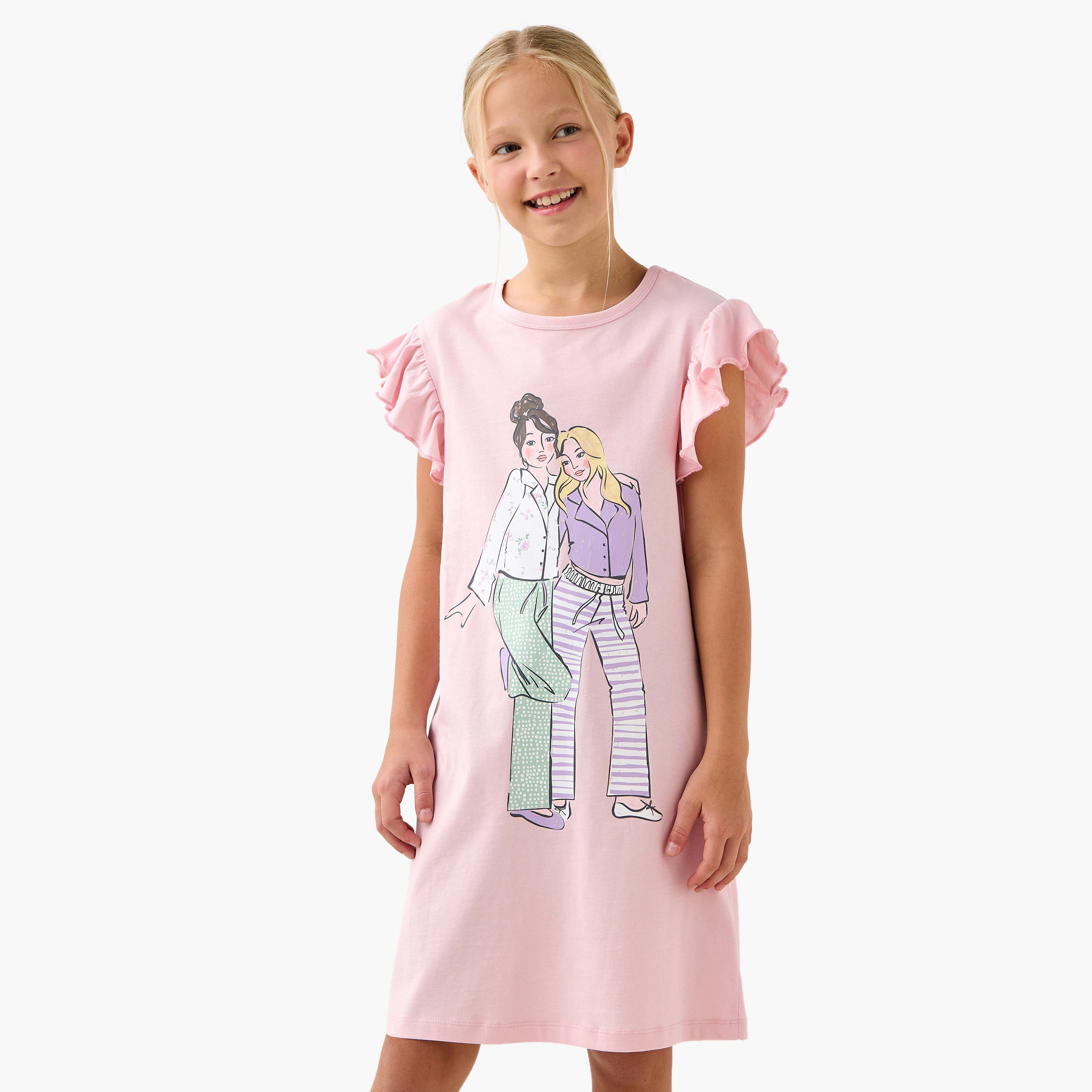 فستان نوم بأكمام بكشكش وطبعات من جونيورز - مجموعة من قطعتين-girls-clothing-nightwear-image-2