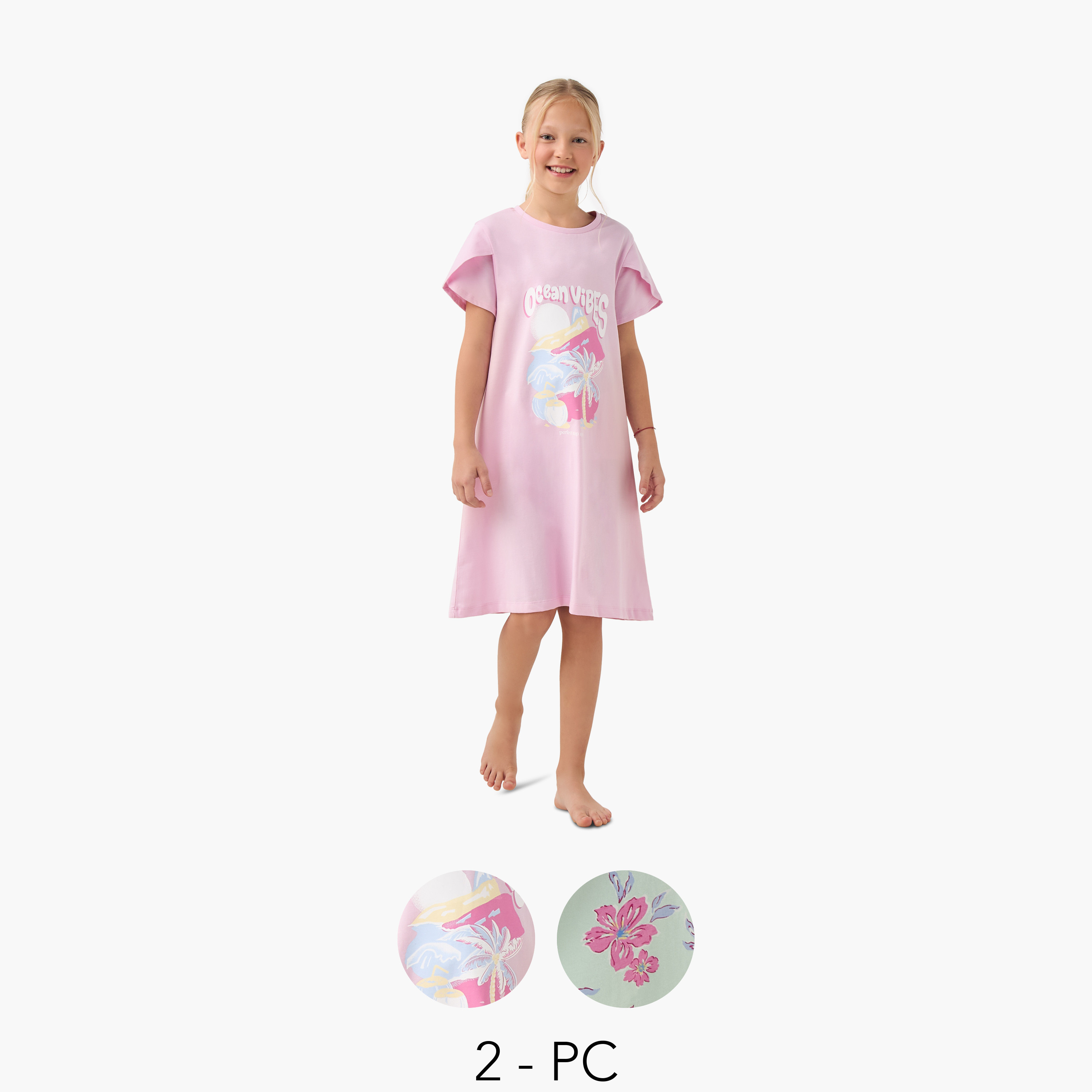 فستان نوم بياقة مستديرة وأكمام قصيرة وطبعات من جونيورز - طقم من قطعتين-girls-clothing-nightwear-image-1