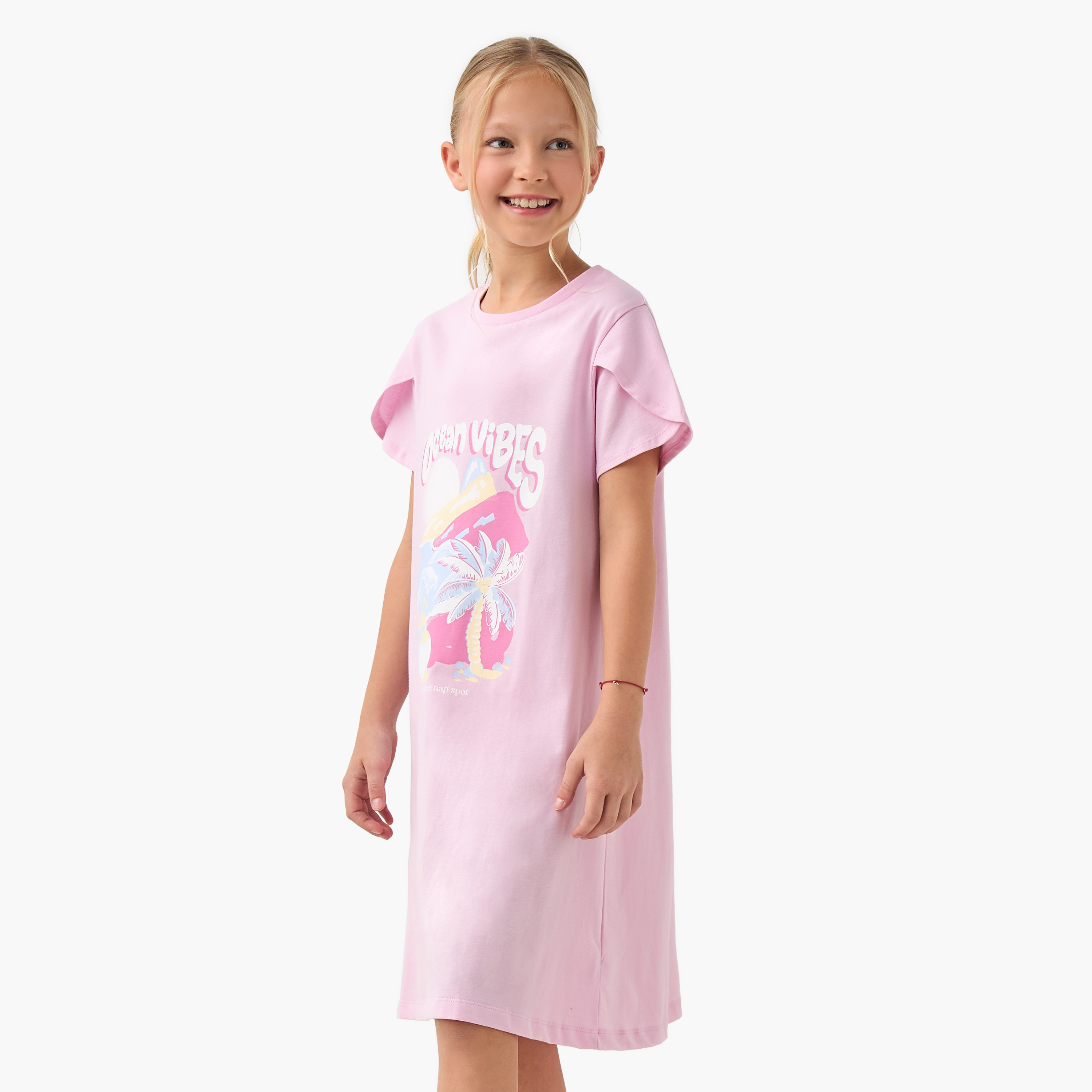 فستان نوم بياقة مستديرة وأكمام قصيرة وطبعات من جونيورز - طقم من قطعتين-girls-clothing-nightwear-image-2
