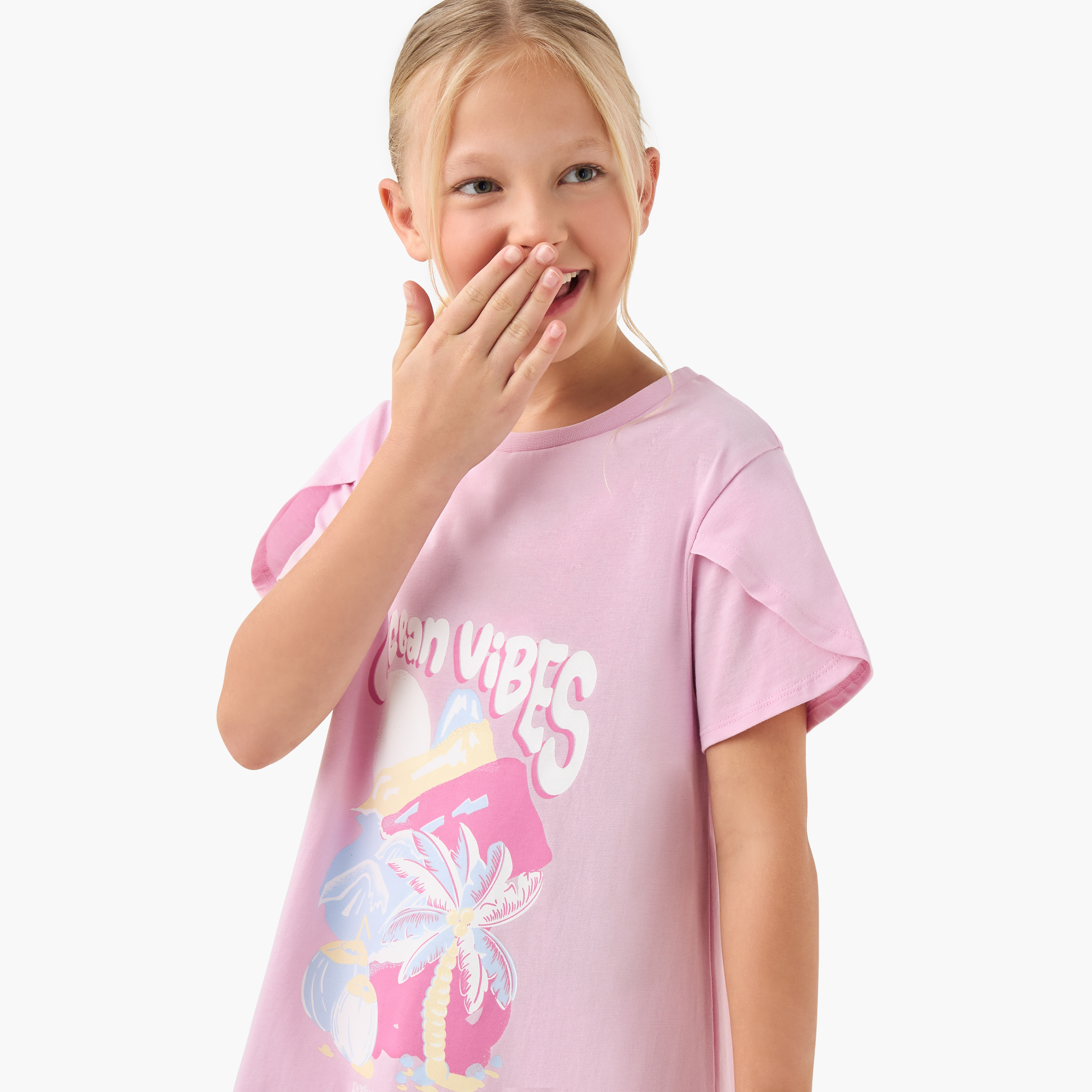 فستان نوم بياقة مستديرة وأكمام قصيرة وطبعات من جونيورز - طقم من قطعتين-girls-clothing-nightwear-image-4
