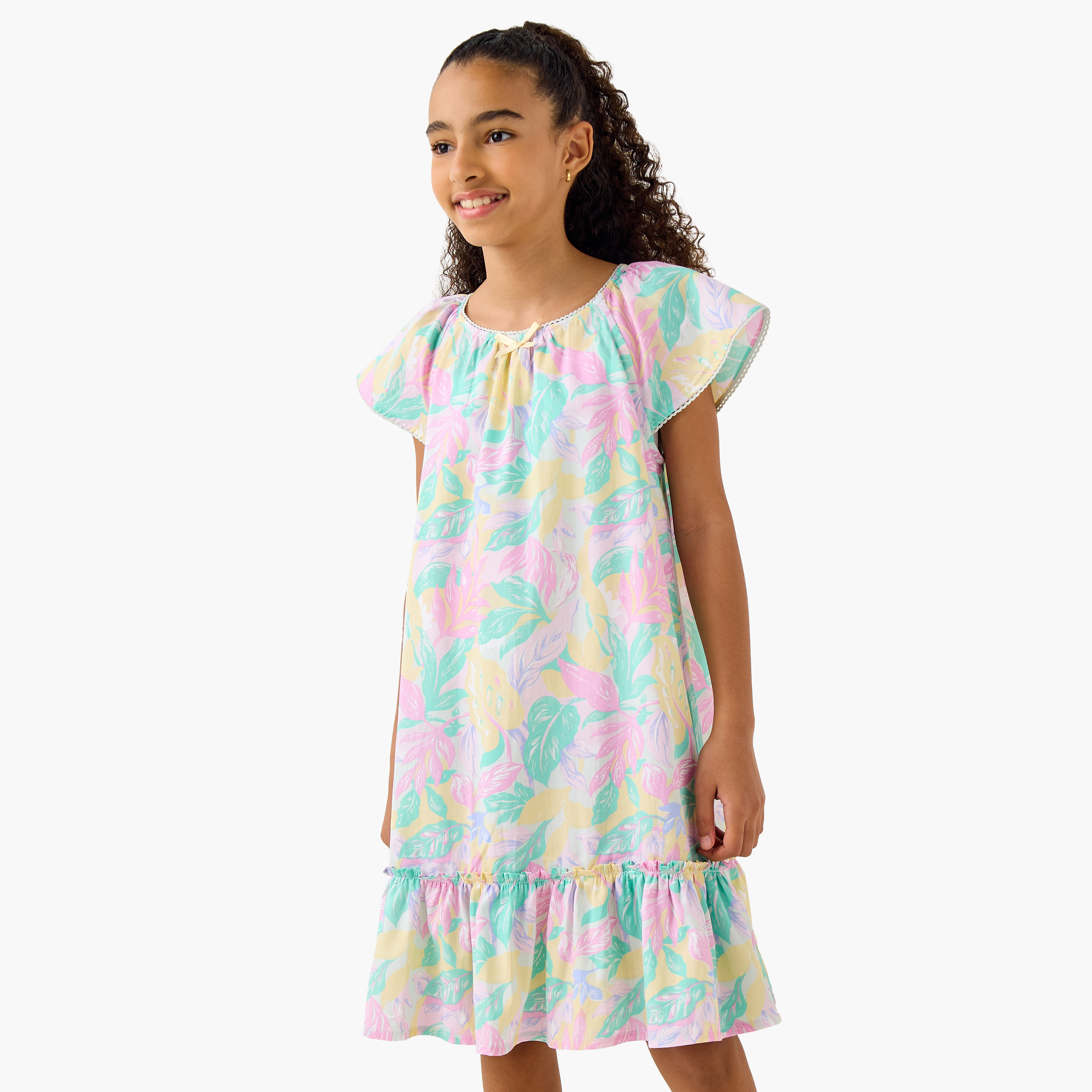 Juniors Floral Print Night Dress with Round Neck and Bow Detail-girls-clothing-nightwear-image-1