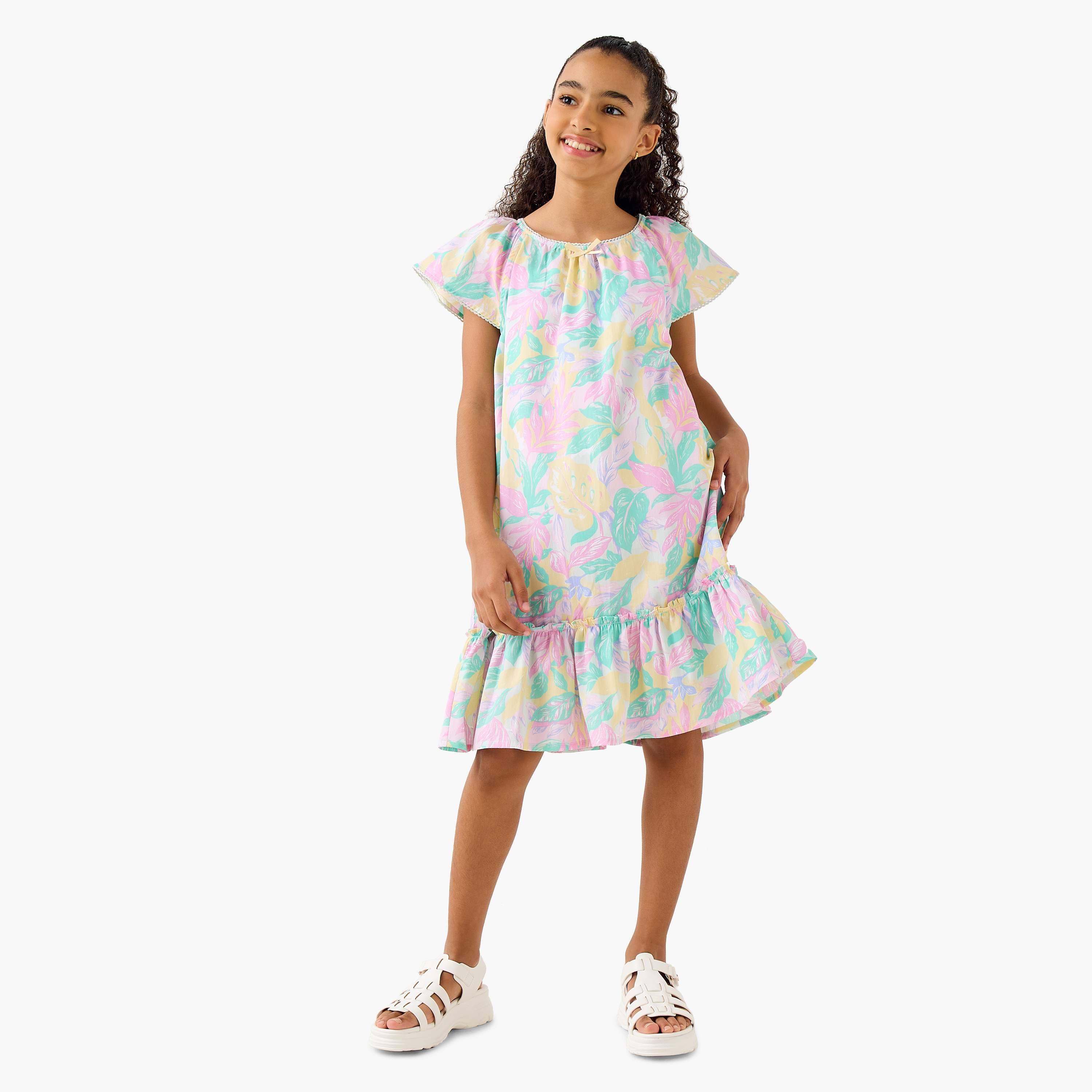 Juniors Floral Print Night Dress with Round Neck and Bow Detail-girls-clothing-nightwear-image-2