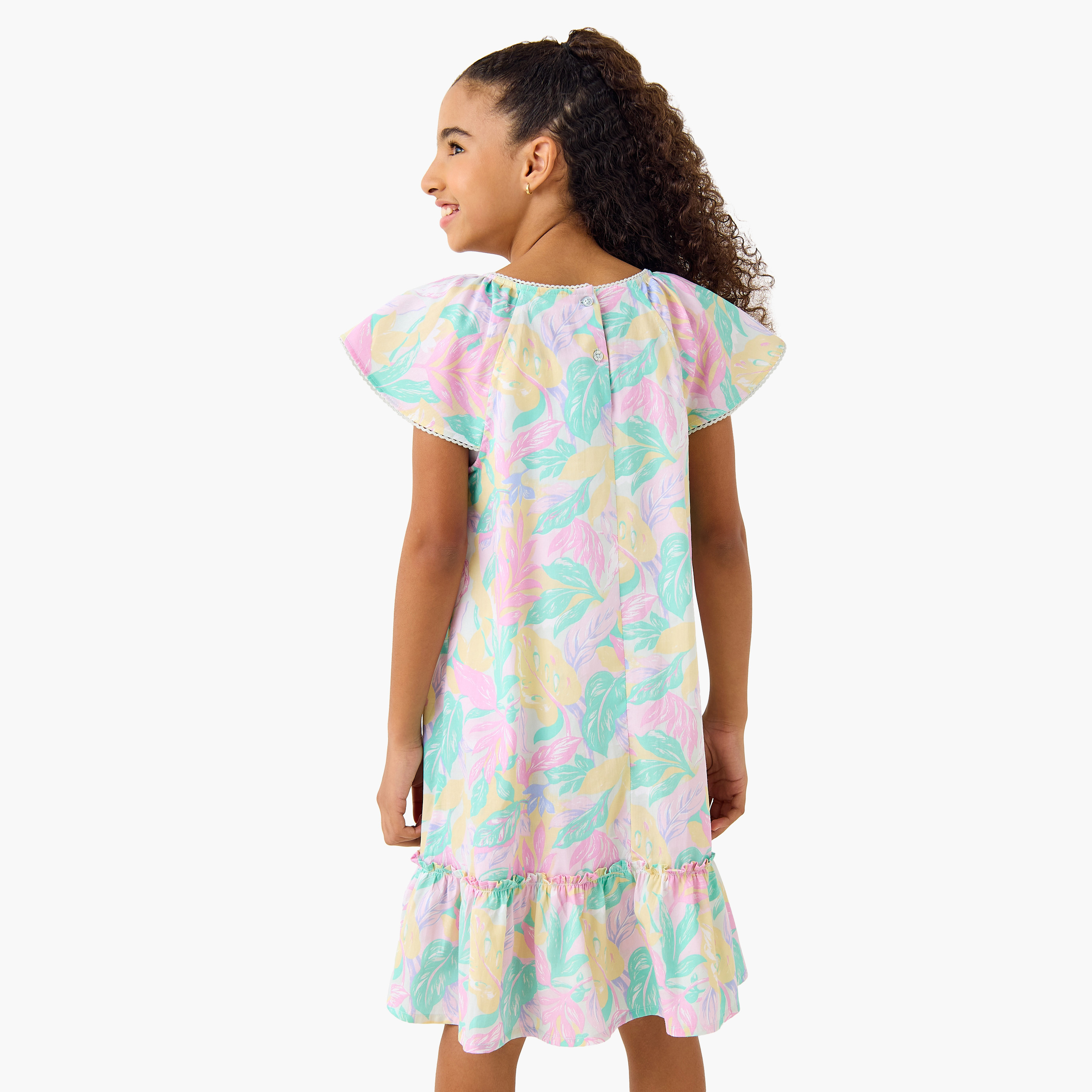 Juniors Floral Print Night Dress with Round Neck and Bow Detail-girls-clothing-nightwear-image-3