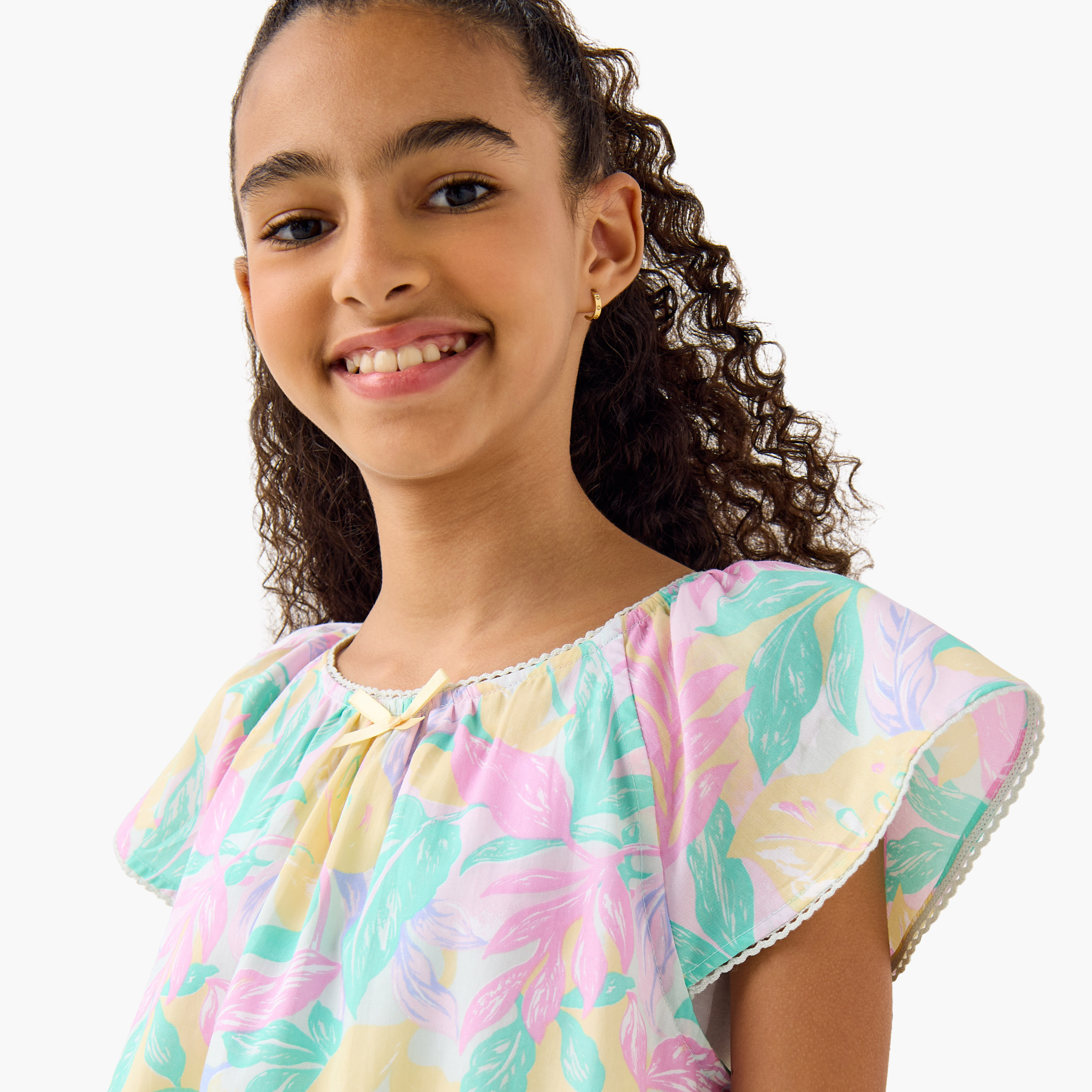 Juniors Floral Print Night Dress with Round Neck and Bow Detail-girls-clothing-nightwear-image-4