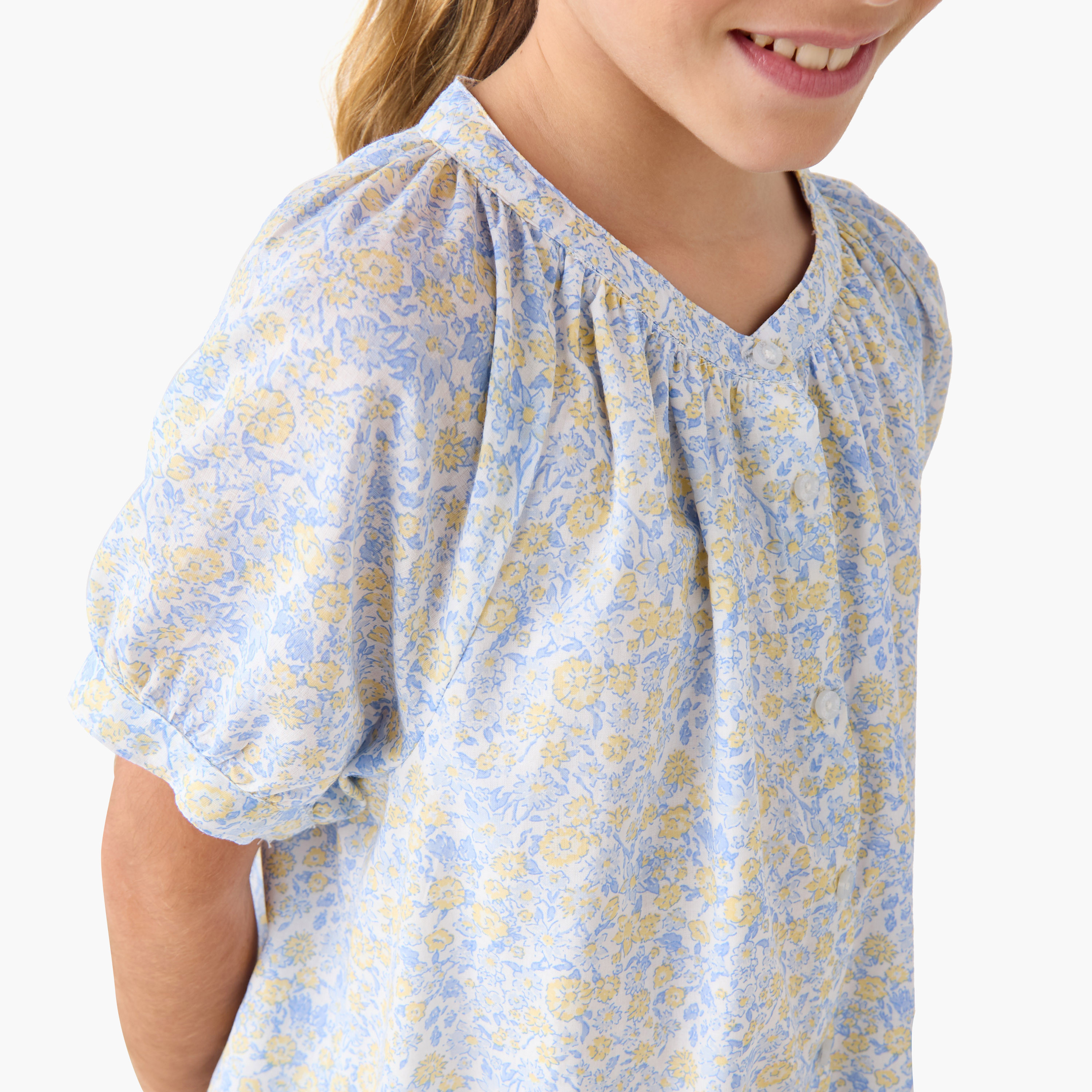Juniors Floral Print Night Dress with V-neck and Short Sleeves-girls-clothing-nightwear-image-4